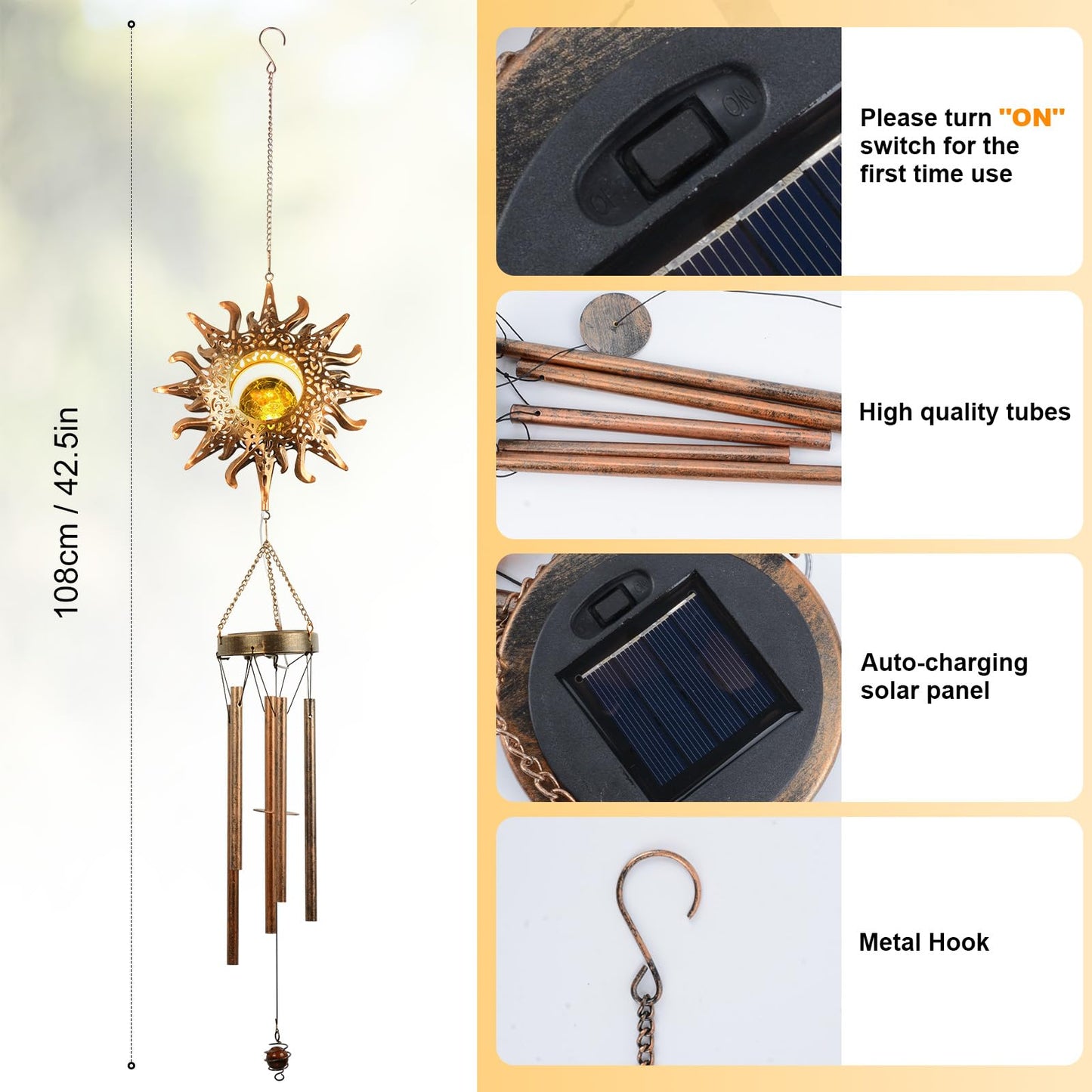 Fohil Solar Wind Chime,Sun Crackle Glass Ball Solar Powered Wind Chimes with Deep Tone for Hanging Outside Decor,Solar Light Outdoor Waterproof for for Mom Women Grandma Garden Spiritual Gifts