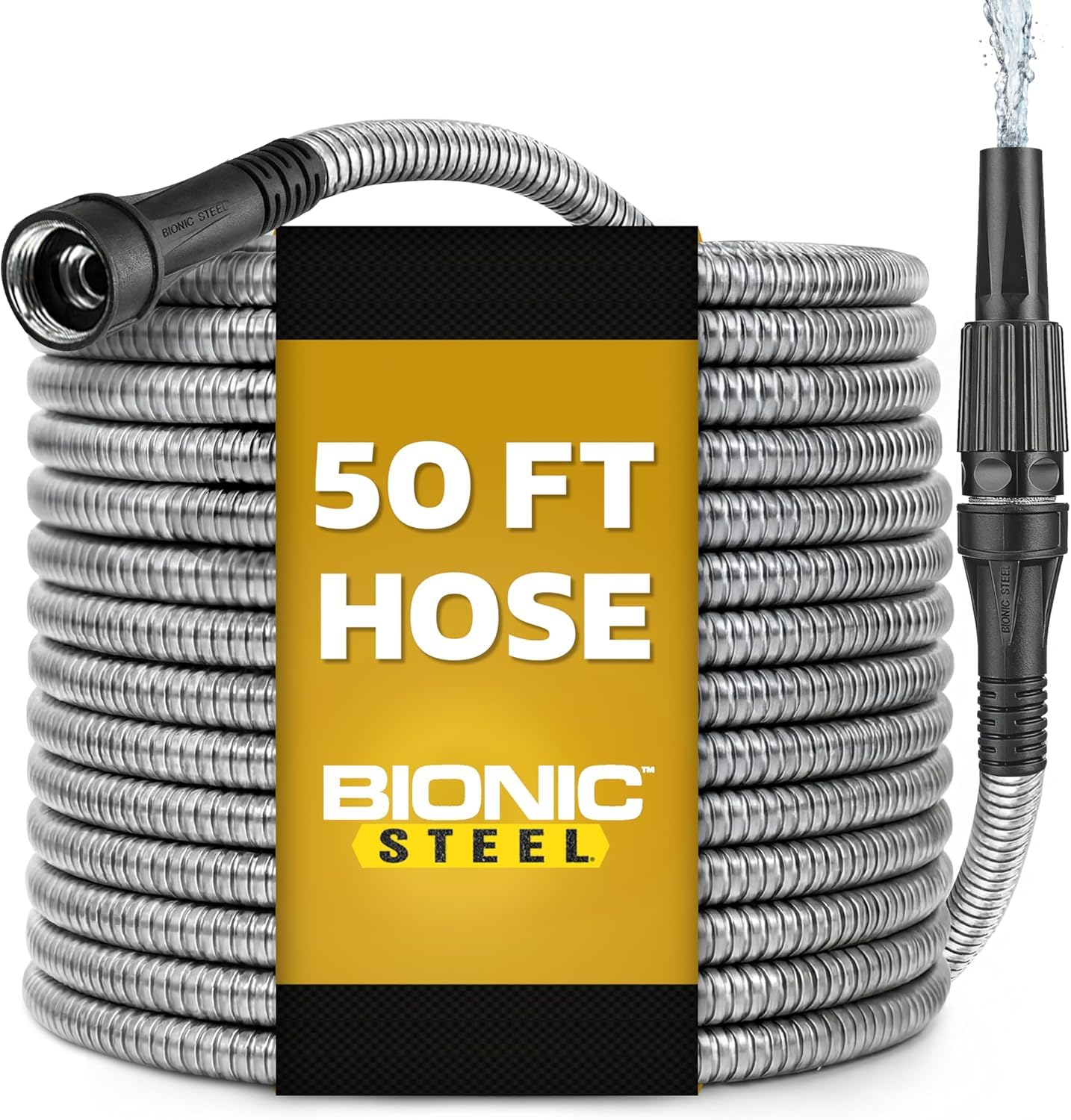 BIONIC STEEL 50 Foot Garden Hose 304 Stainless Steel Metal Water Hose – Super Tough & Flexible, Lightweight, Crush Resistant Aluminum Fittings, Kink & Tangle Free, Rust Proof, Easy to Use & Store