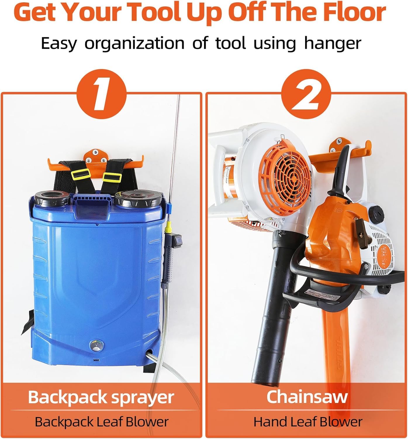 OSROENE Backpack Leaf Blower Hanger, 2 Pack Backpack Sprayer Wall Mount, Heary Duty Chainsaw Wall Mount Stand Accessories Garage Organization Storage