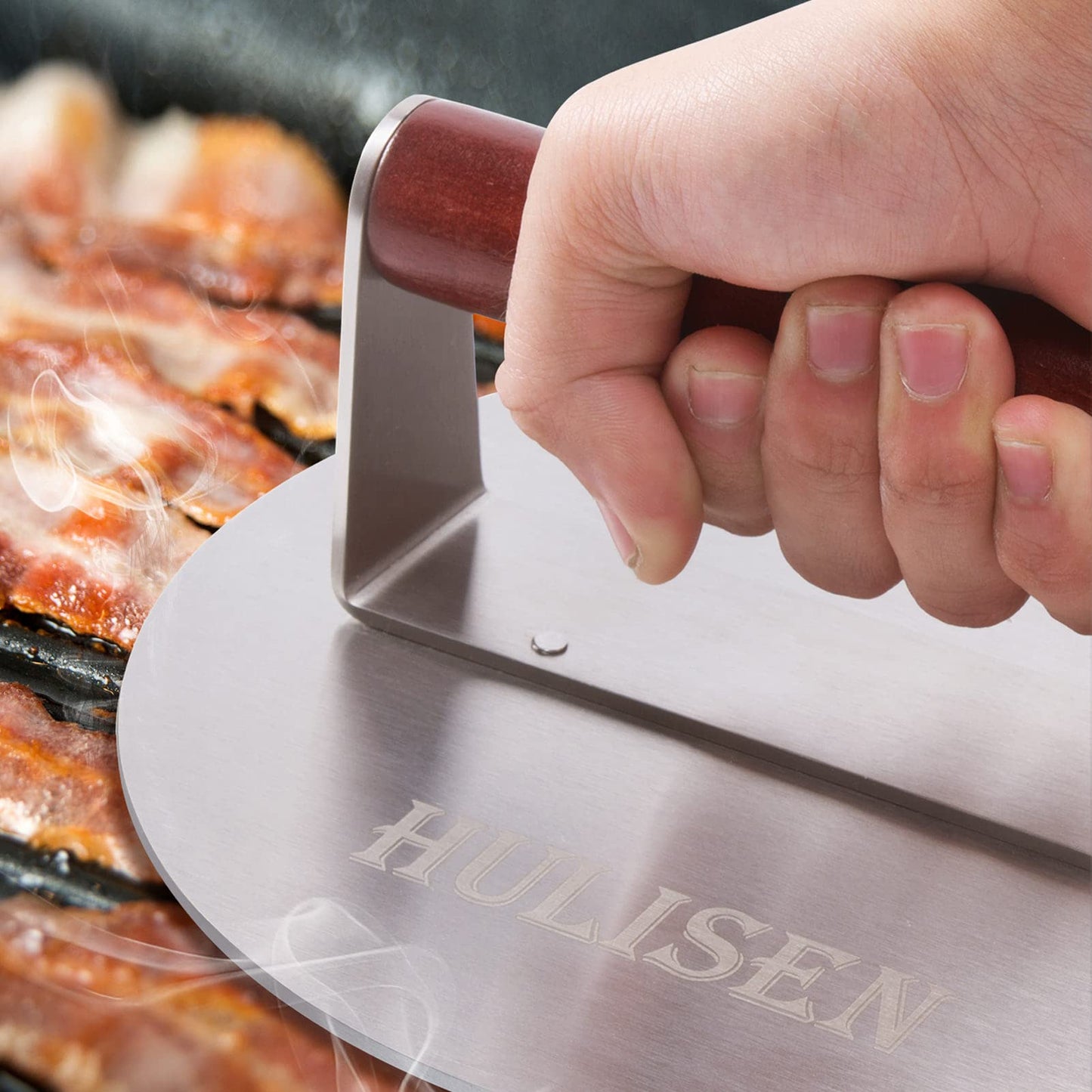 HULISEN 8.4-Inch Burger Press, 2.5 lbs Heavy Duty Bacon & Grill Press, Stainless Steel Smashed Burger Press, Round Smasher with Wood Handle, BBQ Griddle Accessories for Hamburger, Steak, Meat