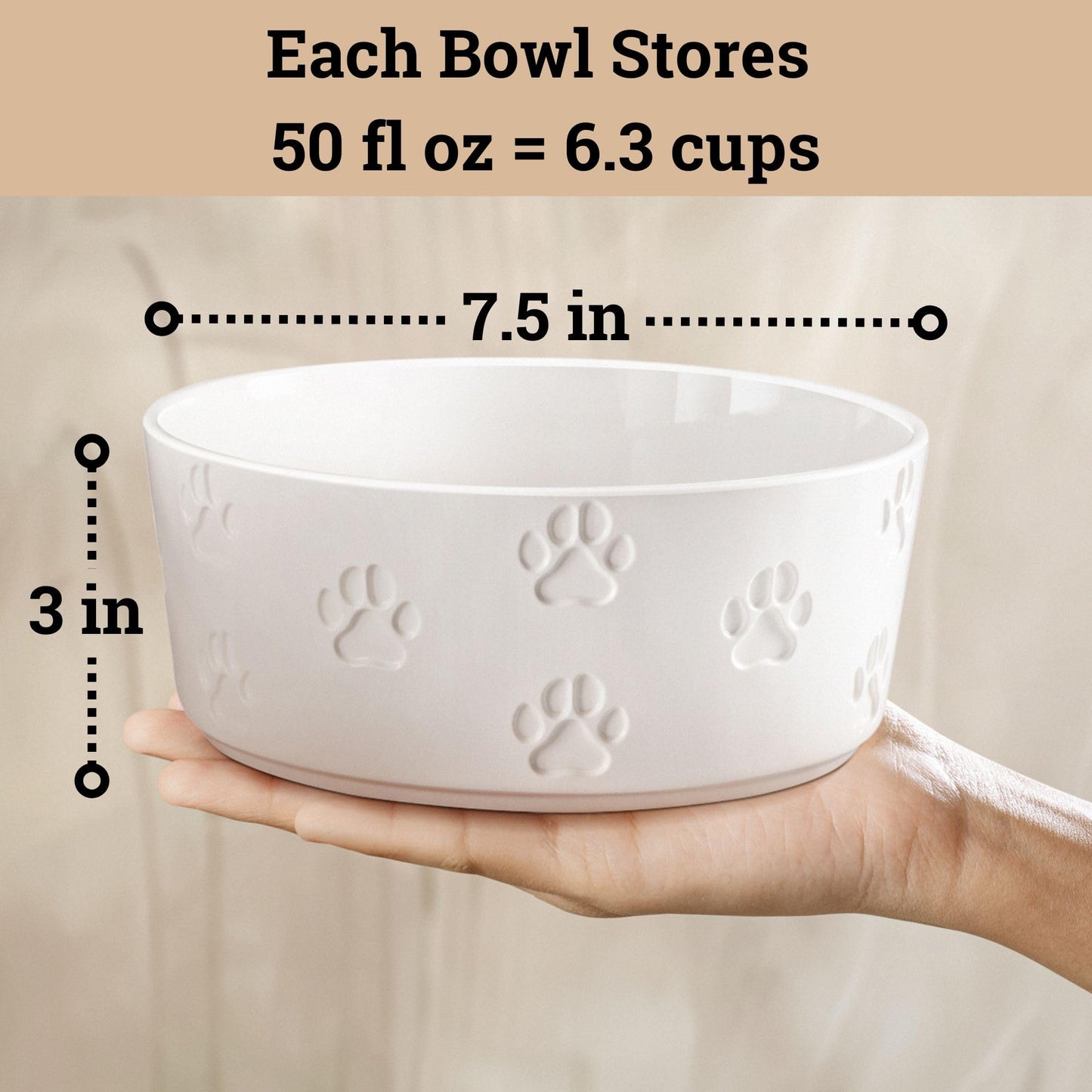 Ceramic Dog Bowl Set of 2 with Anti-Skid Base - 7.5" Wide x 3" Tall Ceramic Dog Bowls for Large Dogs - 6 Cup Capacity Food and Water Bowls for Dogs - Rubber Bottom Pet Bowl Set of 2 for Large Pets