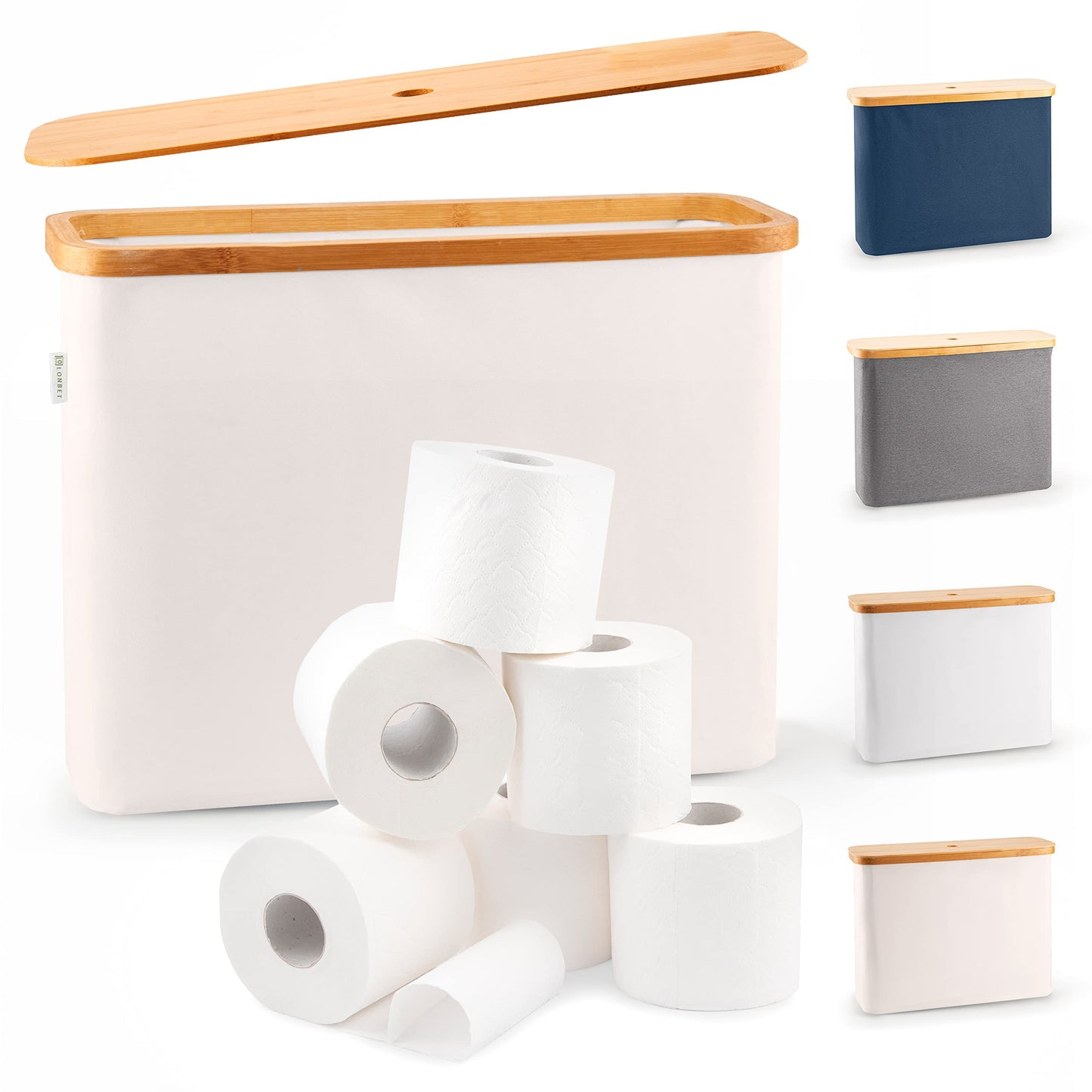 LONBET Toilet Paper Storage for 12 Rolls, Stackable & Foldable - The Ultimate Bathroom Organizer - Waterproof & Antibacterial Toilet Paper Roll Holder with Bamboo Lid - Toilet Paper Basket Beige