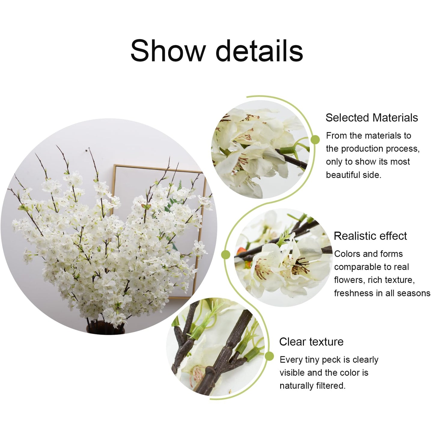 Bacucine 6PCS Artificial Cherry Blossom Branches Faux Cherry Silk Flowers Vine Tall Stems Artificial Flower for Vase Wedding Home Decor (White)