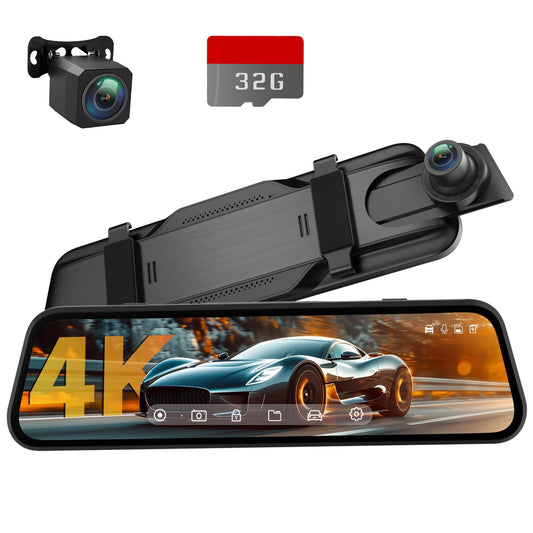 4K Rear View Mirror Camera, 10'' Mirror Dash Cam Front and Rear Camera, with 1080P Rear View Mirror Camera, Full Touch Screen Mirror, Voice Control, Parking Assistance,Night Vision,with 32GB Card