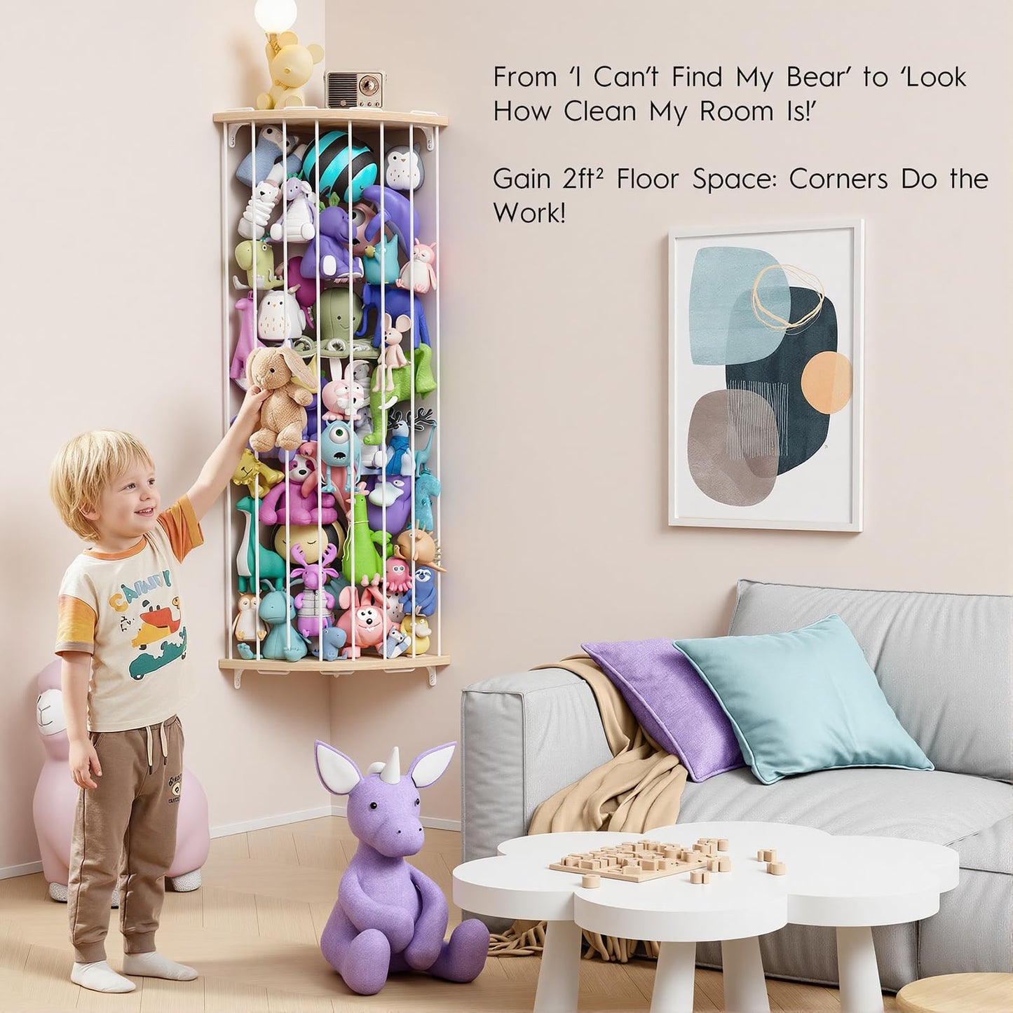 Zayysoha Stuffed Animal Storage Wood Corner Toy Plush Storage Hammock Hanging Storage Net, Toy Organizer Shelf for Nursery Playroom Bedroom Kid Room