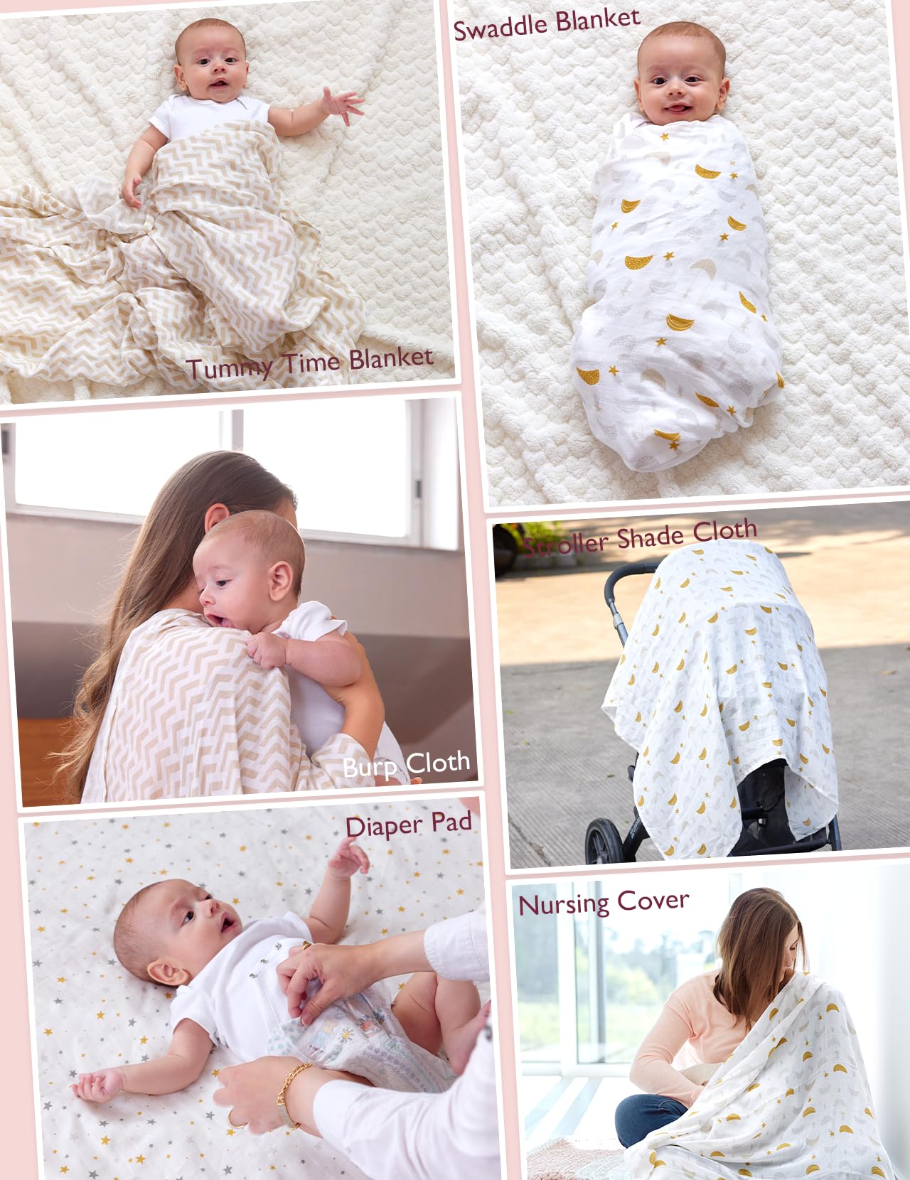Momcozy Muslin Swaddle Blanket, 4 Pack Ultra Soft Neutral Swaddle Blankets, Breathable Large 47'' x 47'' Baby Infant Newborn Essentials, Boys Girls Receiving Blanket, Beige Star