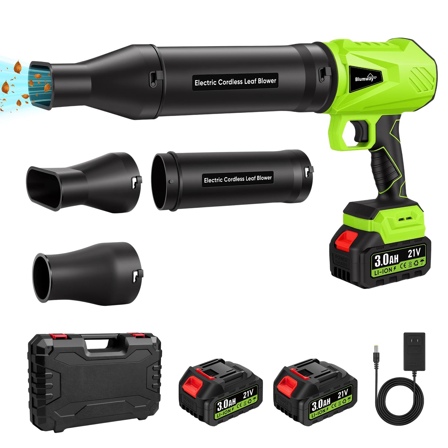 Blumway Leaf Blower Cordless with Battery, 21V Handheld Leaf Blower with 3 Extended Nozzles, Electric Leaf Blowers with 2 Pcs 3.0Ah Batteries, Portable Leaf Blowers for Lawn Care, Leaves,Dust, Car