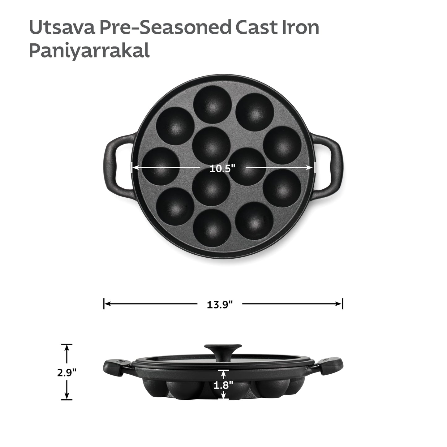 Tramontina Utsava Pre-Seasoned Cast Iron Appam Pan, 12-Hole Appe Pan with Lid, Great for Paniyaram, Takoyaki and More