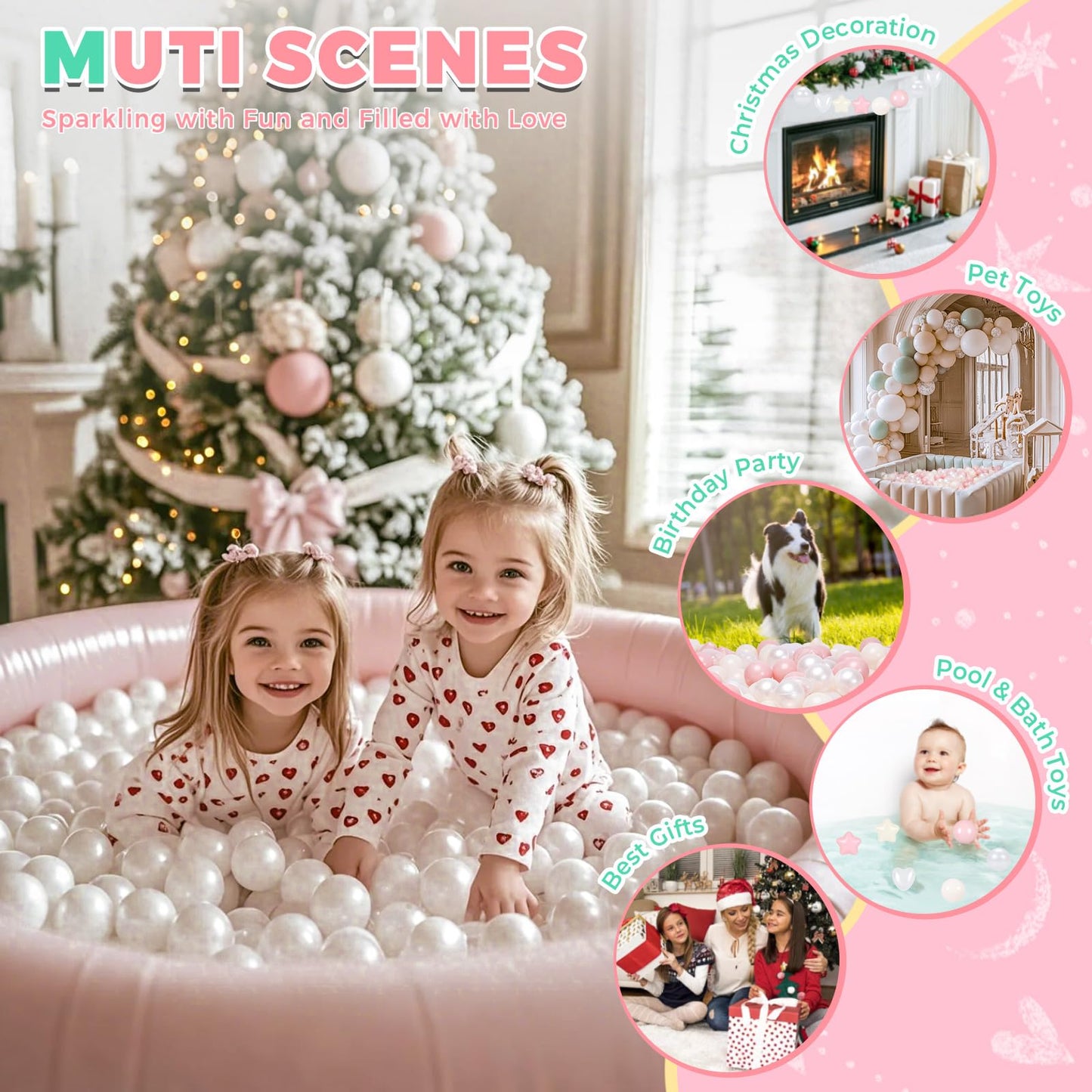 Ball Pit Balls 100 Balls for Toddlers, Crush Proof Plastic Children's Toy Balls Macaron Ocean Balls for Birthday Parties Games Pool, Pink+Beige+Pearl White+Clear Mix Shapes