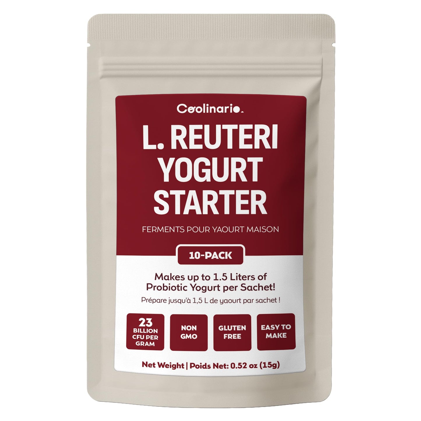 Coolinario L Reuteri Yogurt Starter (10-Pack, 1.5g Sachets) Live Cultures with Probiotics | Creamy & Delicious | Regular or Greek Yogurt | Non-GMO, No Preservatives, Gluten Free