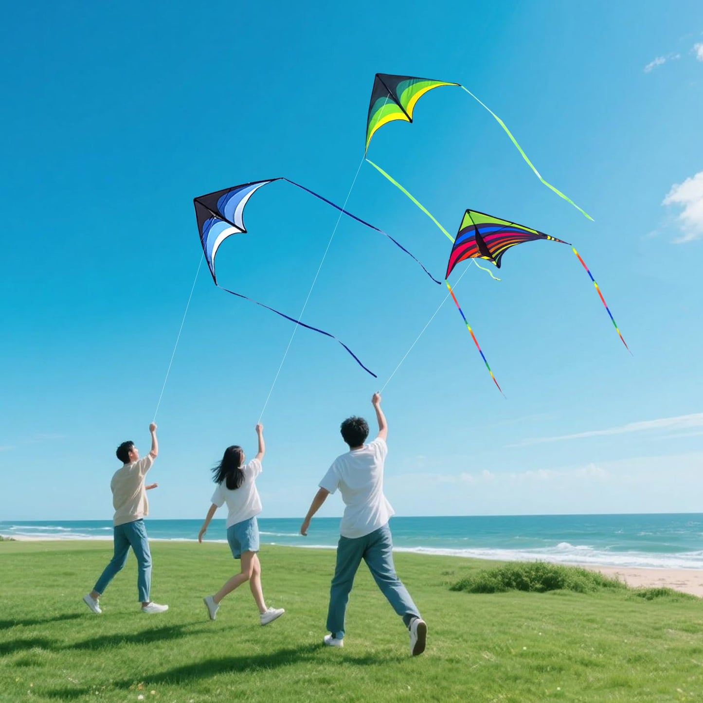 3 Pack Delta Kites Set for Kids & Adults, Easy to Fly Large Beach Kites Pack for Boys and Girls, 300ft Kite String Included, Perfect for Outdoor Activities (Green, Blue & Rainbow)