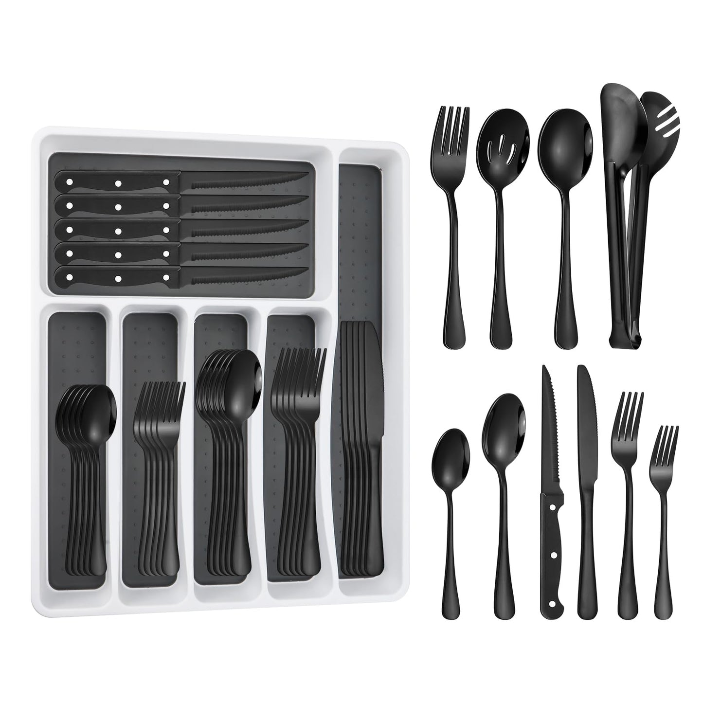53PCS Silverware Set for 8 with Flatware Drawer Organizer, Stainless Steel Cutlery Set with Steak Knives, Include Spoons and Forks Set & Serving Utensils, Dishwasher Safe, Heavy Duty, Silver
