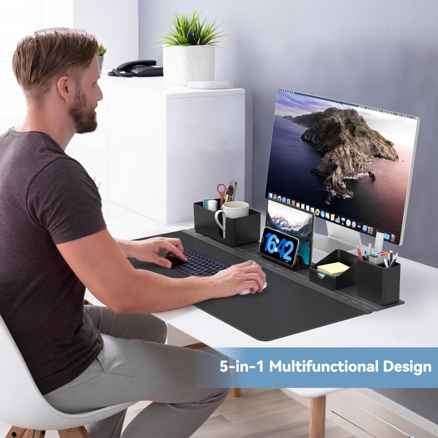 KDD Magnetic Desk Organizer Set with Large Desk Pad, Modular Desktop Storage System with Phone Stand, Pen Holder, Cup Holder & Card Organizer, DIY Workspace Accessories for Office Home