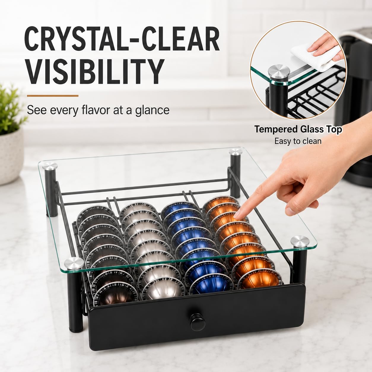 EASTSIGN Vertuo Pods Holder - Drawer Tray for 40-Vertuoline Capsules - Tempered Glass - Capsule Storage - Compatible with Nespresso Vertuoline Capsules - Pods Organizer