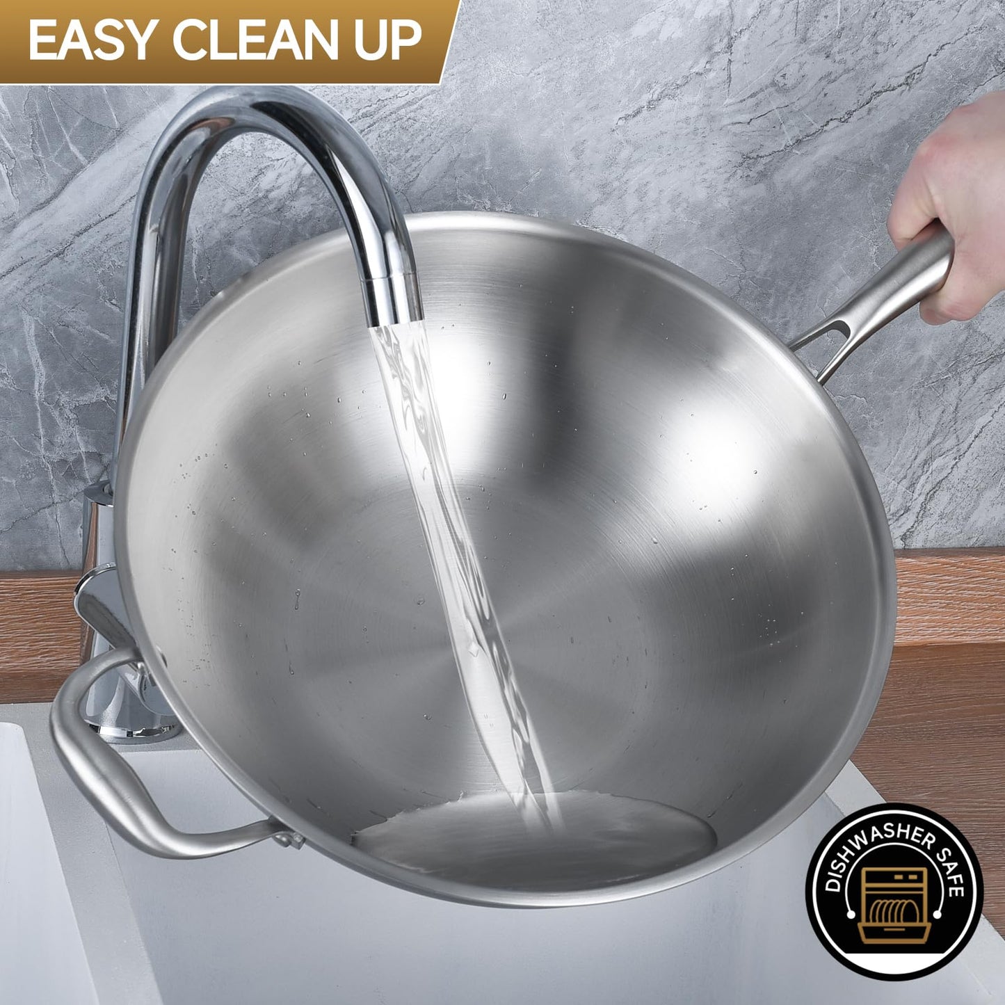 LOLYKITCH 12 Inch Tri-Ply Stainless Steel Wok Pan with Lid, Stir-Frying Pan,Induction Cooking Pan,Dishwasher and Oven Safe,Heavy Duty and Detachable Handle