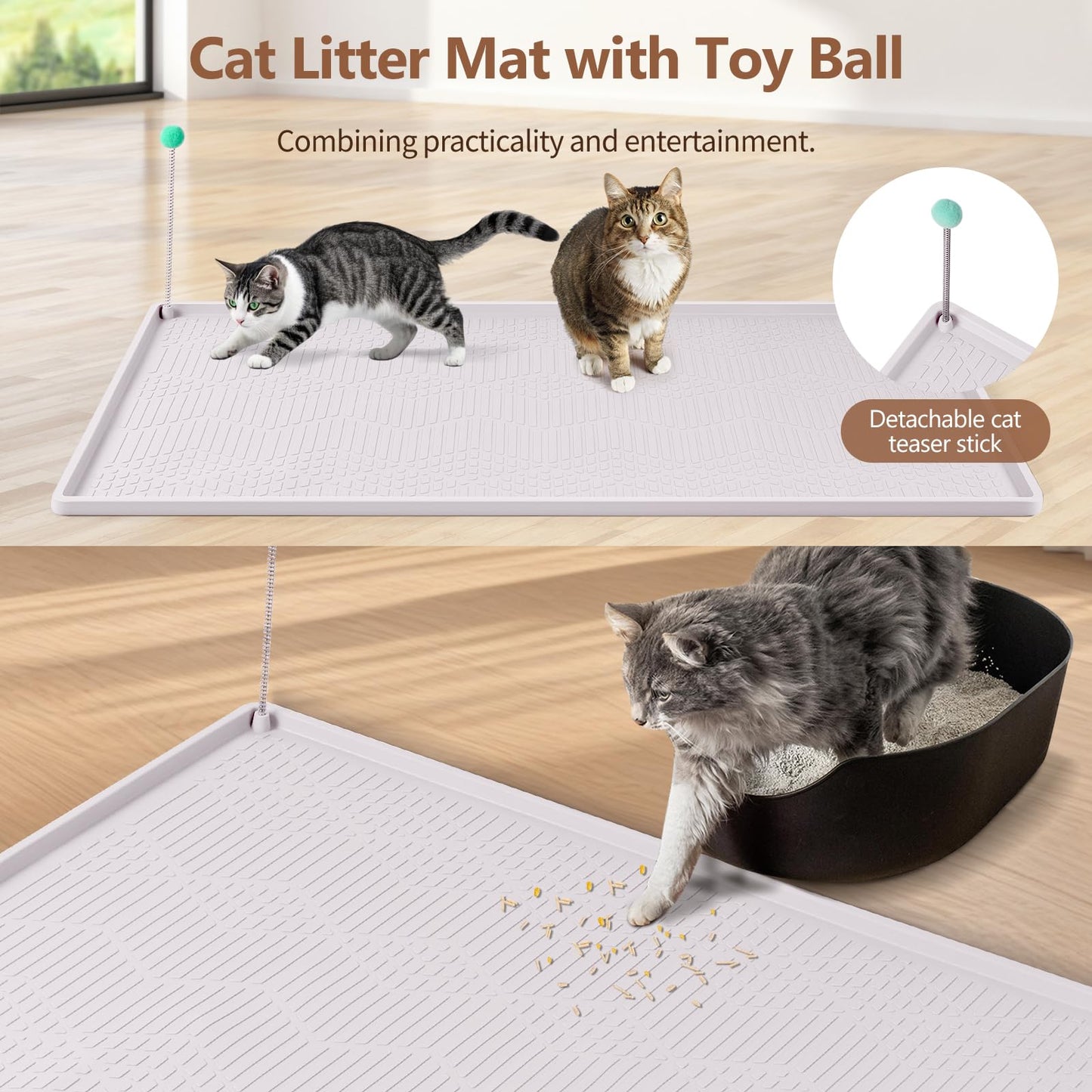Bartuke Large Cat Litter Mat with Toy Ball, 38'' x 25'' Silicone Cat Litter Trapping Mat for Scatter Control, Soft on Kitty Paws, Easy to Clean (White)