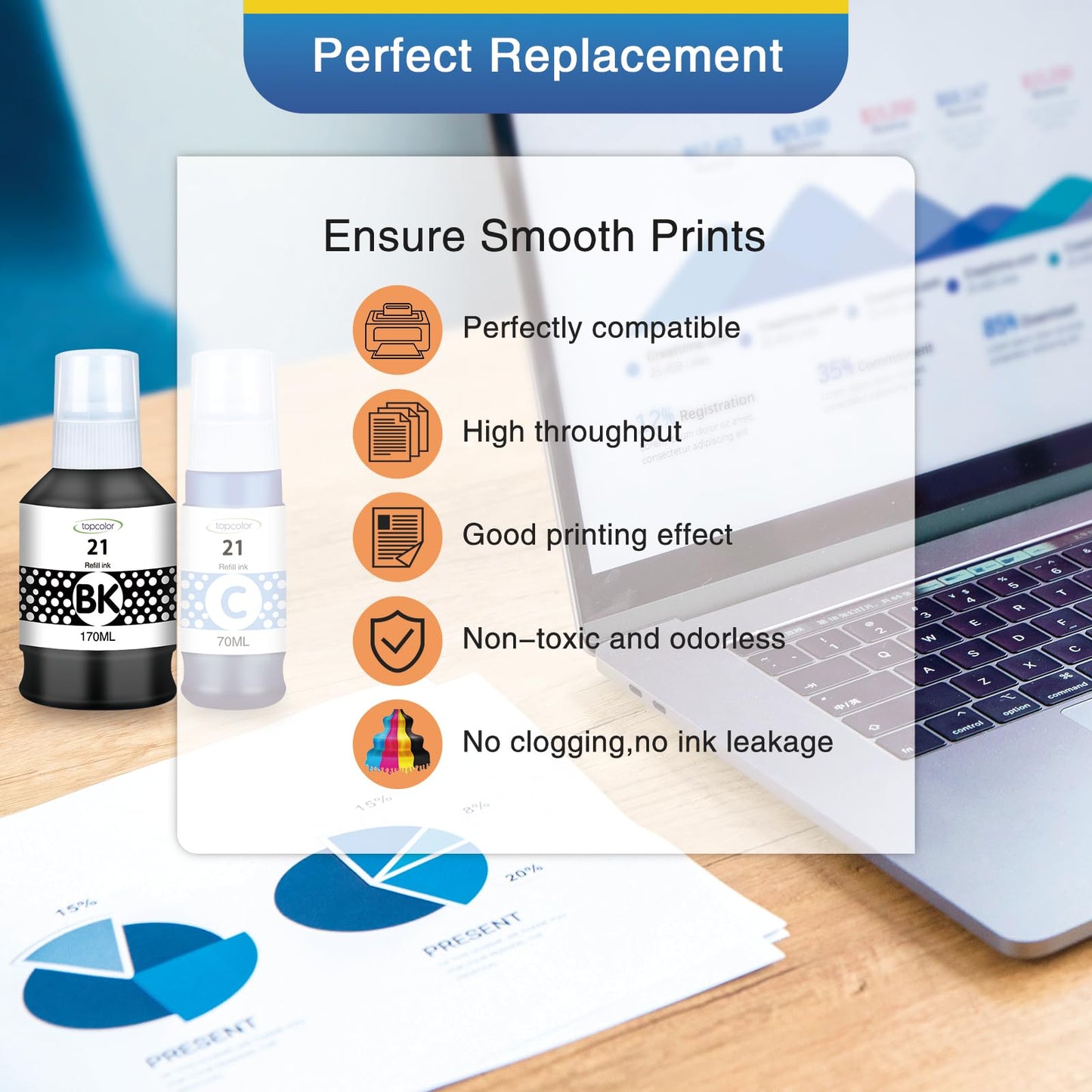 Topcolor g21 Compatible GI-21 Ink Bottles Replacement for Canon GI-21 GI21 Ink Refills Kit, Compatible for Canon Pixma G3270 G3260 G2260 G1220 MegaTank(Supertank) Printer Ink (BK 170ml, CMY 70ml)