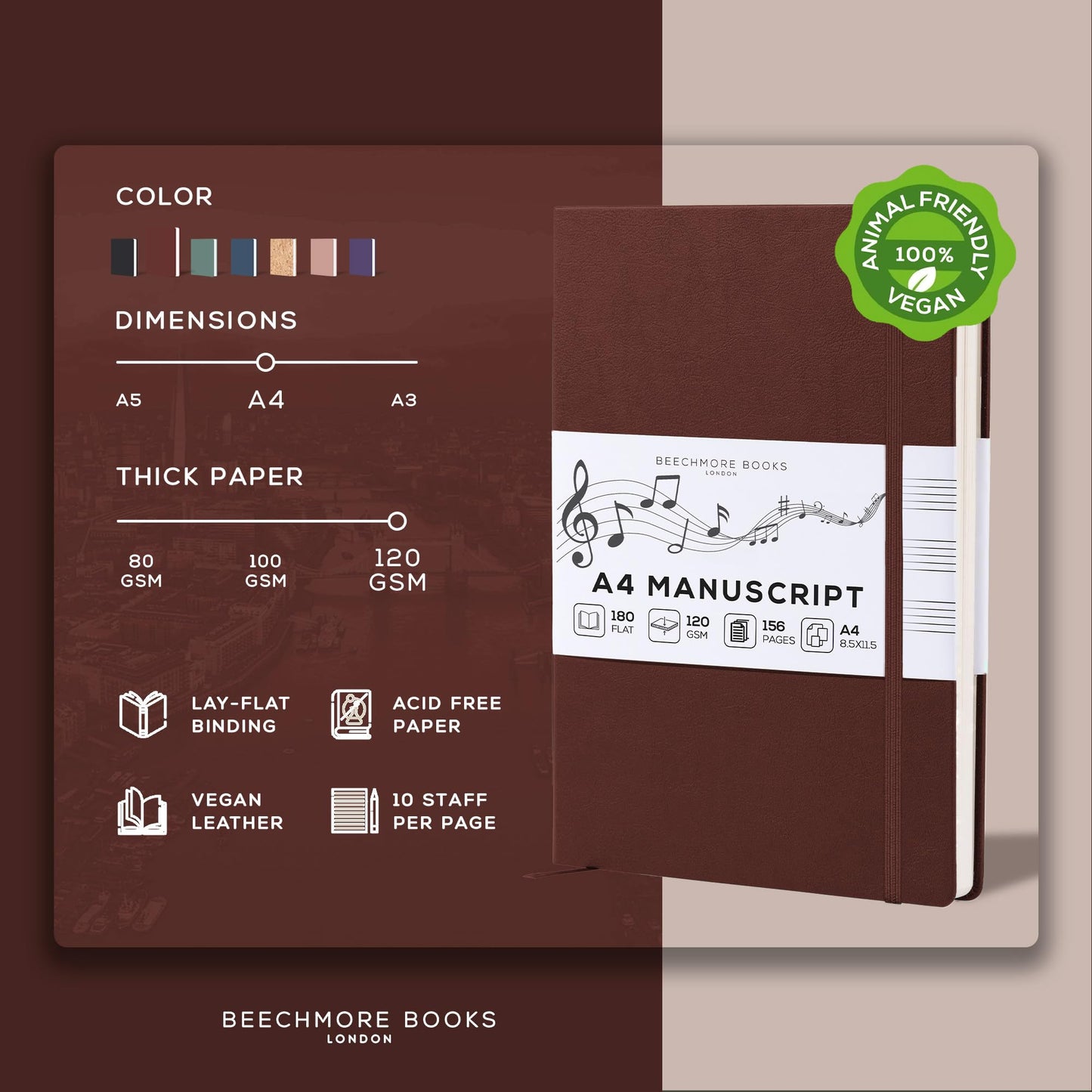 Beechmore Books Blank Sheet Music Notebook – A4 8.5"x11.5" for Songwriters, Musicians & Composers, 156 Thick 120gsm Pages, 10-Staff Perforated Sheets, Vegan Leather Hardcover, Elastic Closure, Gift Box