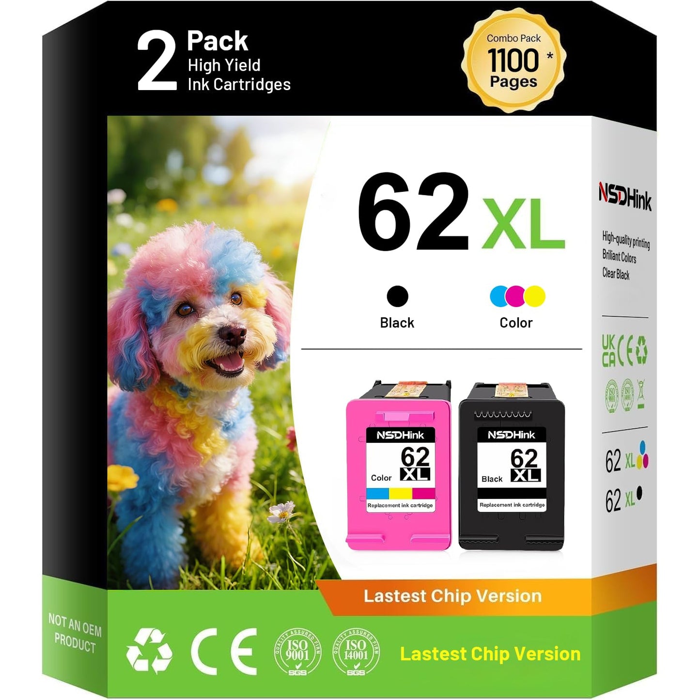NSDHInk Remanufactured 62XL Ink Cartridge High Yield Combo Pack Replacement for HP Ink 62XL 62 XL for Envy 5540 5640 5660 7644 7645 8005 OfficeJet 5740 8040 250 200 Series Printer (1Black 1Tri-Color)