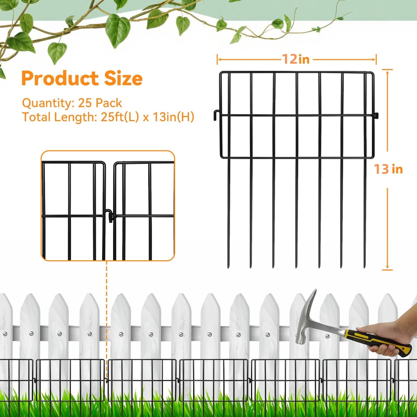 25 Pack Animal Barrier Fence No Dig Garden Defense, 13in(H) x 25ft(L) Rabbit Proof Garden Fencing with 1.2in Gaps, Metal Rabbit Fence for Garden, Dog Blocker Under Barriers