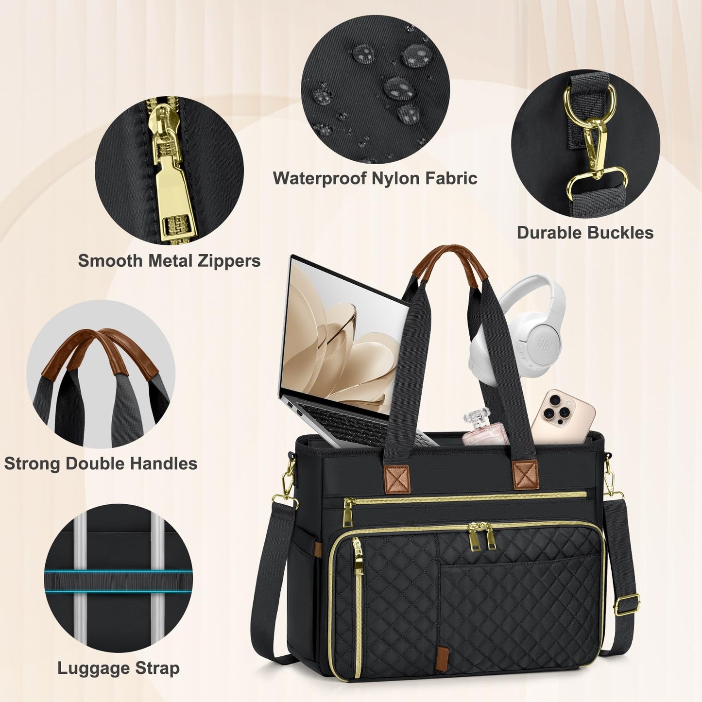 SDYSM Teacher Tote Bag 15.6 Inch Laptop Bag for Women Large Work Bag Teacher Nurse Bag Professional Computer Messenger Laptop Briefcase Handbag for Nursing, Office, College, Black