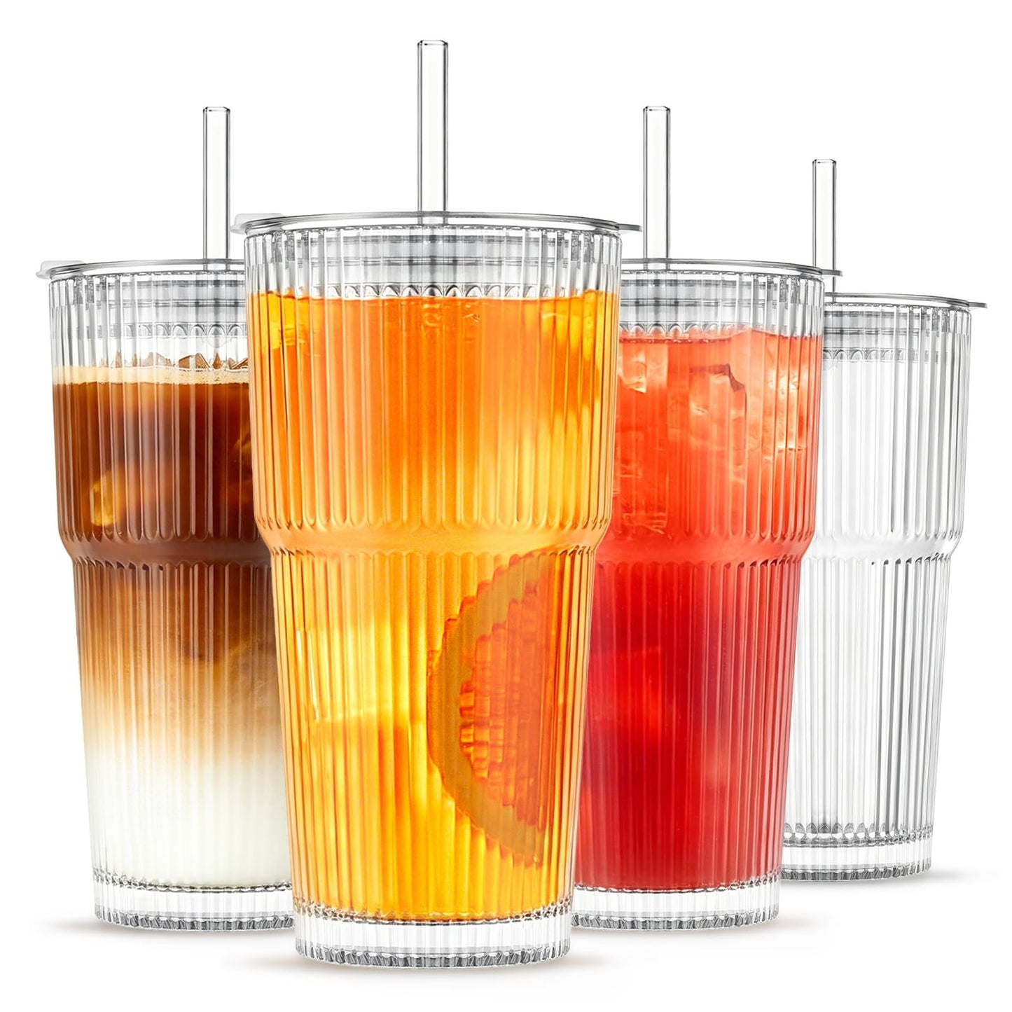 INSETLAN 20 oz Ribbed Glass Tumblers with Lids and Glass Straws – 4-Piece Glassware Set, Heavy-Duty Tumblers, Ideal for Iced Coffee, Smoothies, Cocktails, and Juices – Elegant and Durable Drinkware
