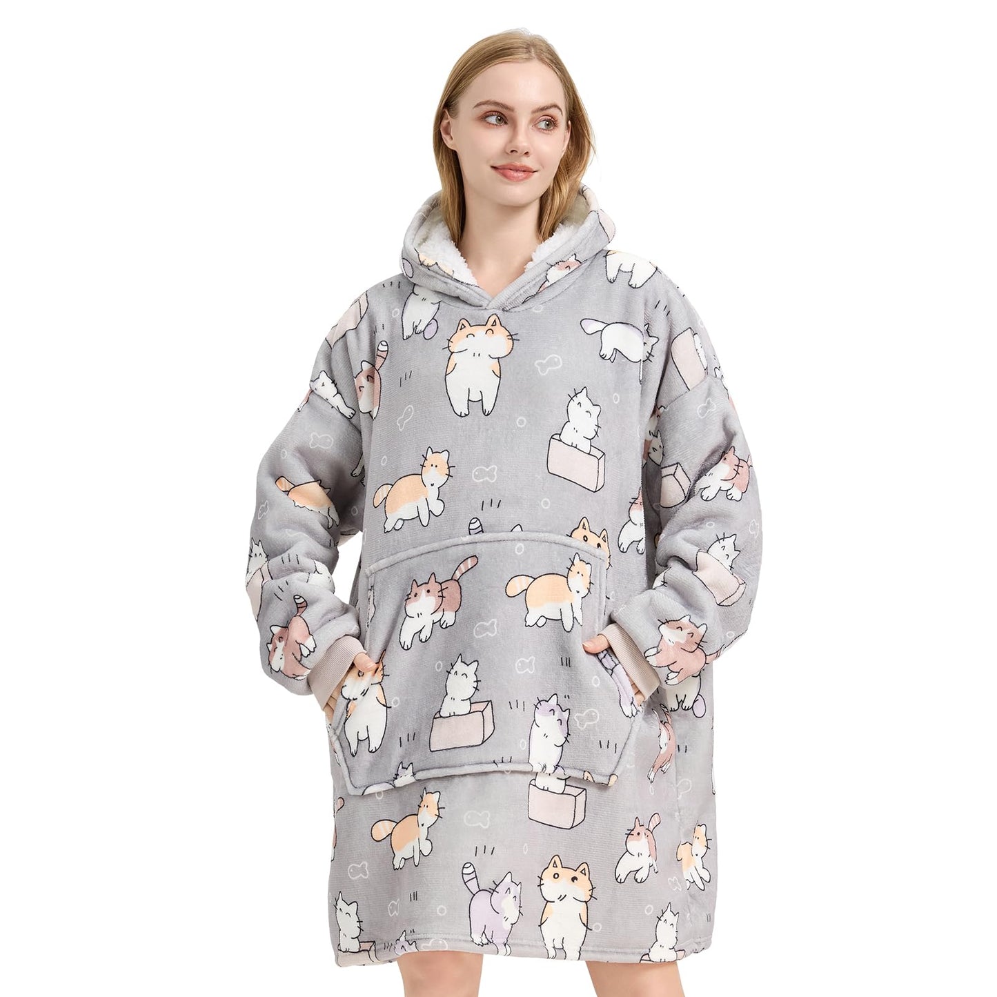 Fotgear Wearable Blanket Hoodie for Women, Oversized Hoodie Blanket with Giant Hood Pocket, One Size Fits All, Soft Warm Cozy Sherpa as Gifts for Adults, Teens (Grey)