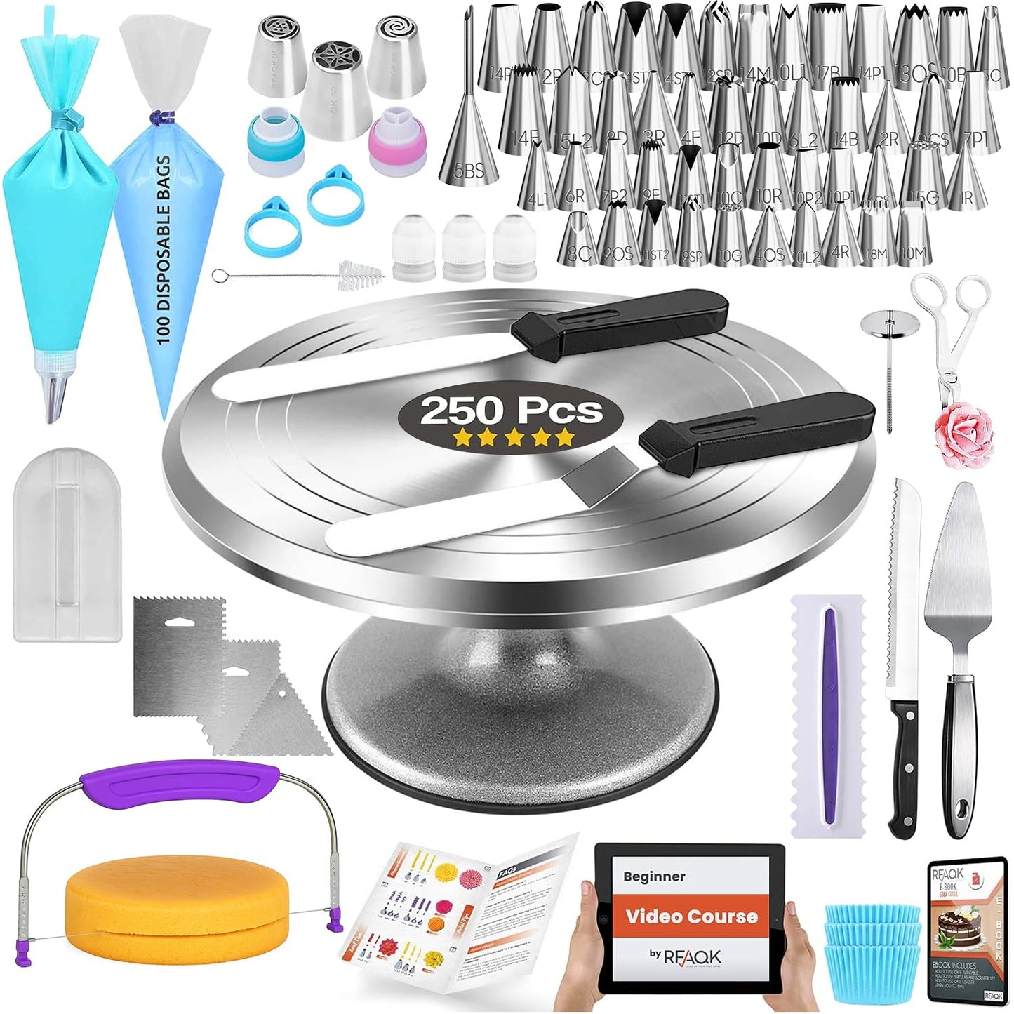 RFAQK 250 PCs Aluminum Cake Decorating Kit with 12" Cake Turntable - 48 Numbered Piping Tips and Piping Bags -Russian Tips -Scrappers -Cake Leveler -Straight & Angled Spatula & Other Baking Supplies