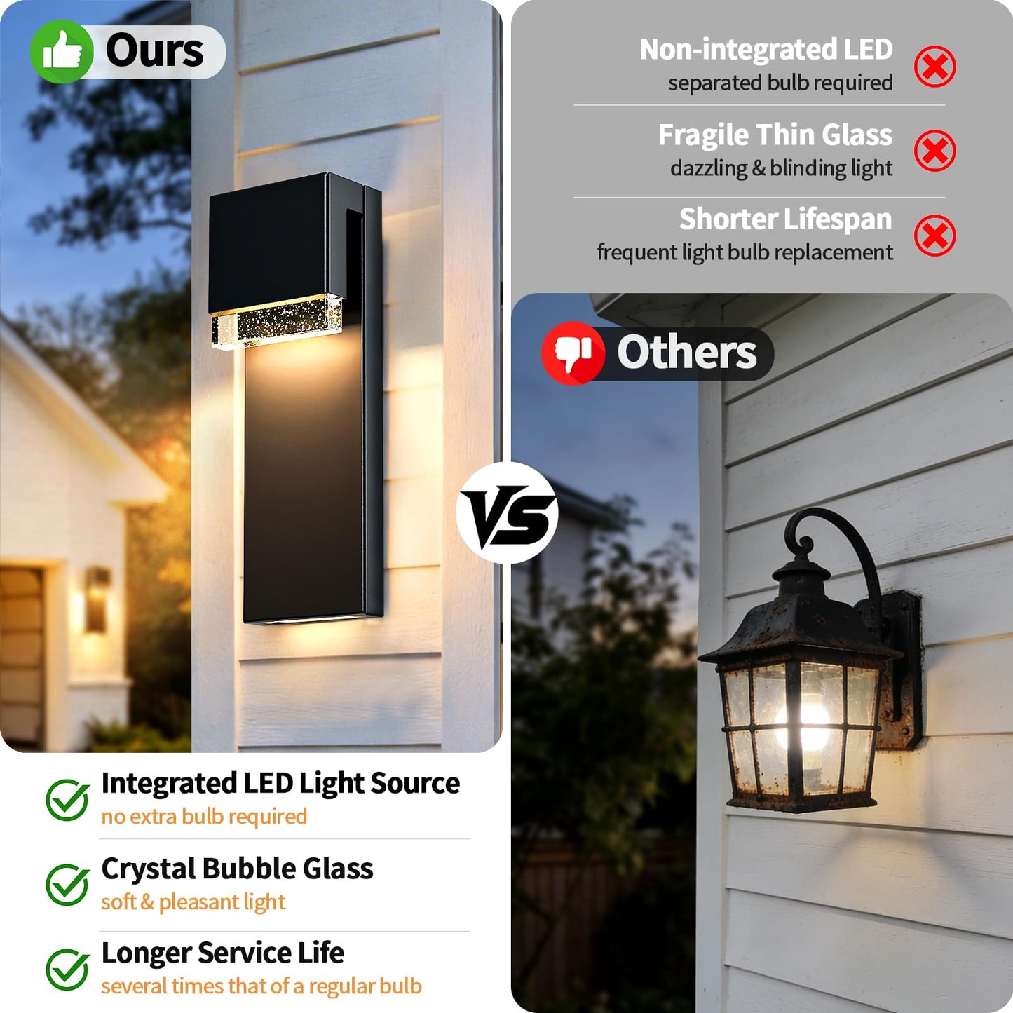 YSN Modern LED Outdoor Wall Lights, Black Outdoor Light Fixture Wall Mount, Anti Rust Exterior Sconce Light with Crystal Bubble Glass, Waterproof Outside Lights for House, Porch, Garage, Yard, 1Pack
