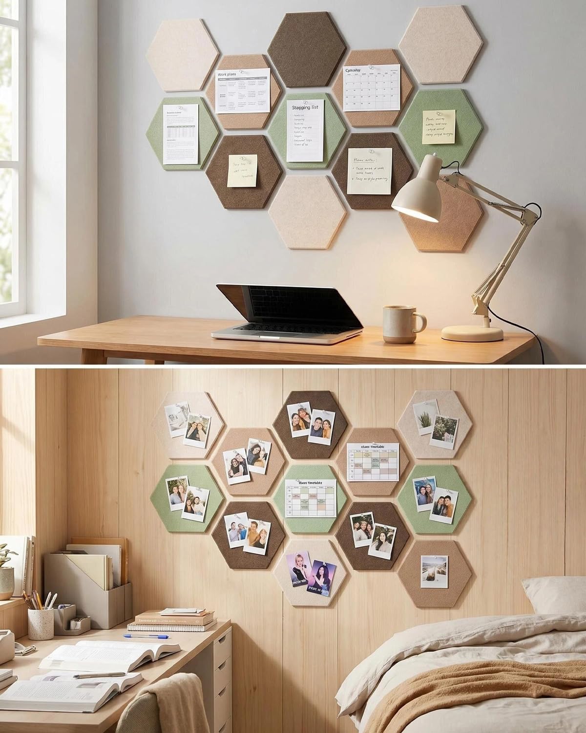 Acidea 12Pcs Hexagon Felt Cork Boards for Walls, Brown Sage Green Self-Adhesive DIY Bulletin Board Vision Board with 50 Push Pins, Pin Board for Office School Home Wall Decor Photos Display Memos