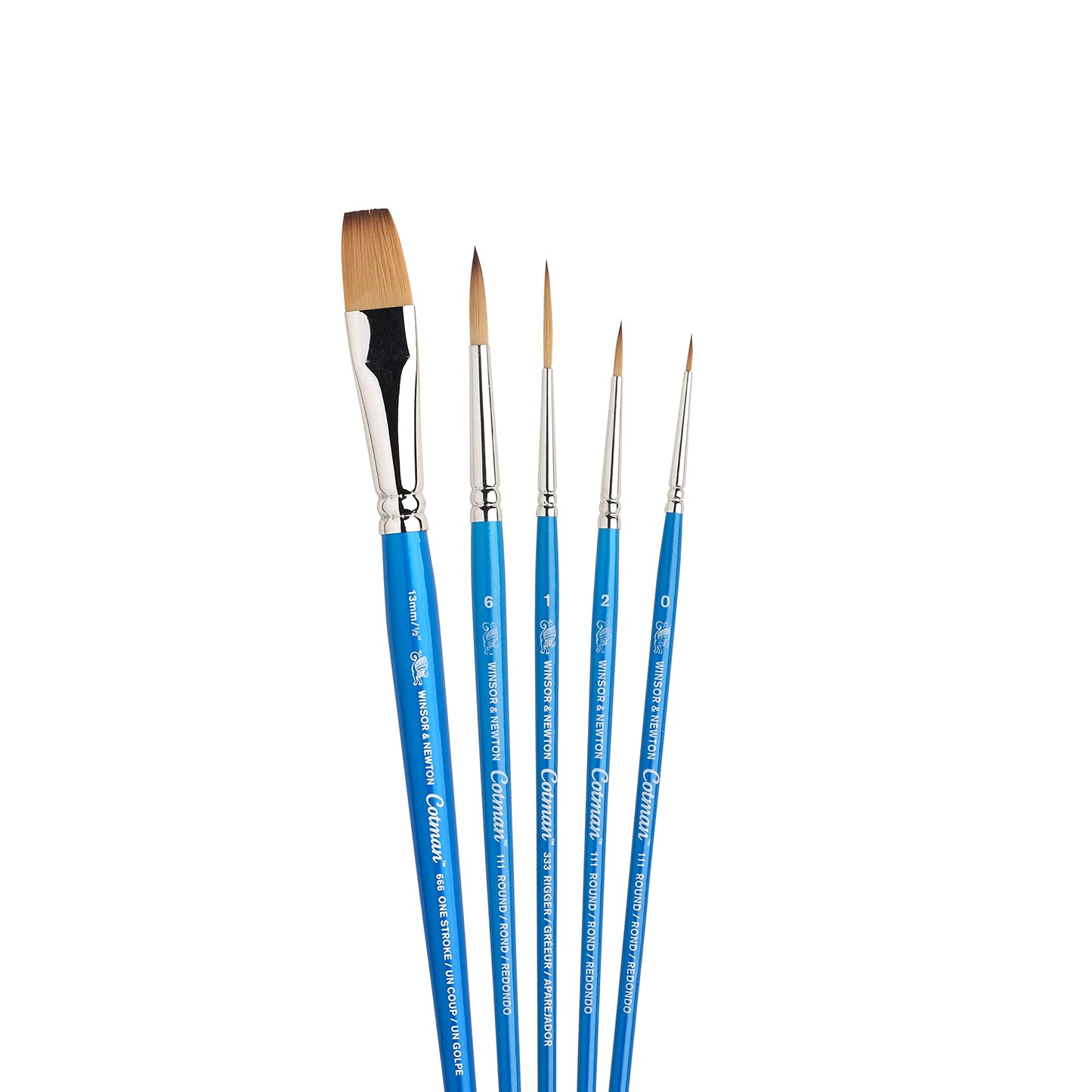 Winsor & Newton Cotman Short Handle Brushes, Set of 5, (Round 0, 2, & 6, Rigger 1, One Stroke 1/2")