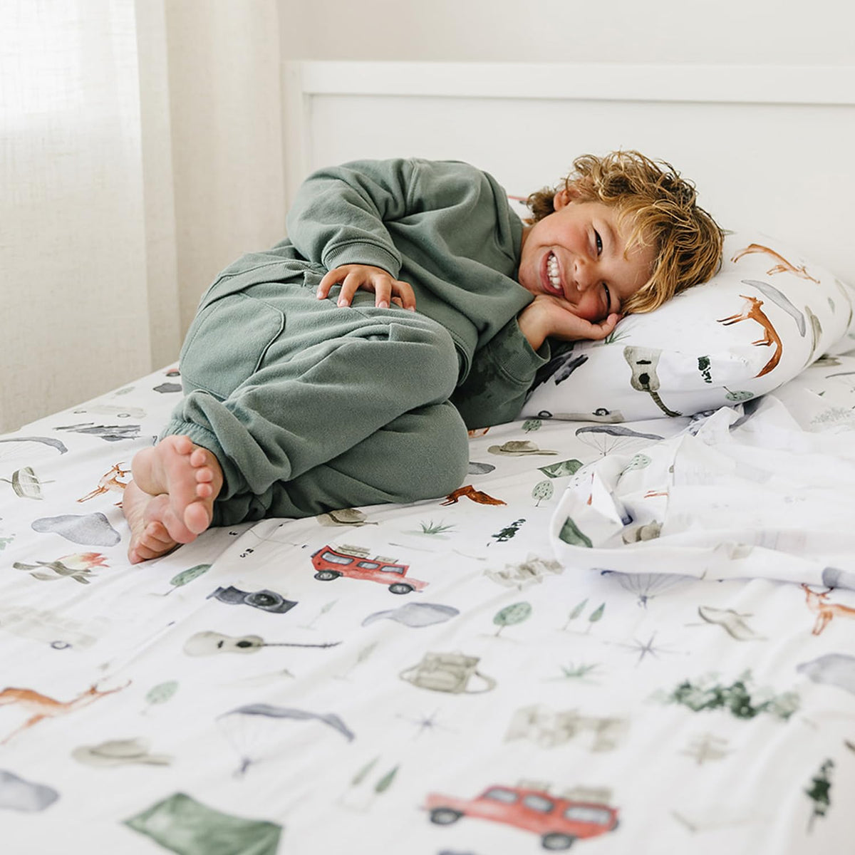 Pobi Baby Premium Twin Full Bed Sheet Set – Kids Double Bed Sheets in Cotton Blend | Ultra-Soft Woodland Camping Print with Fitted Sheet, Flat Sheet & Pillowcases - 3 PC (Explore)