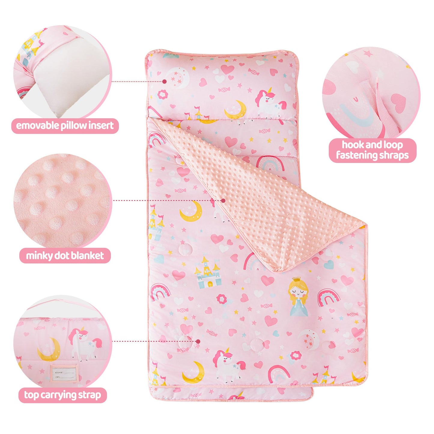 Viviland Toddler Kids Nap Mat for Preschool, Girls Pink Princess Daycare Kindergarten Nap Mat