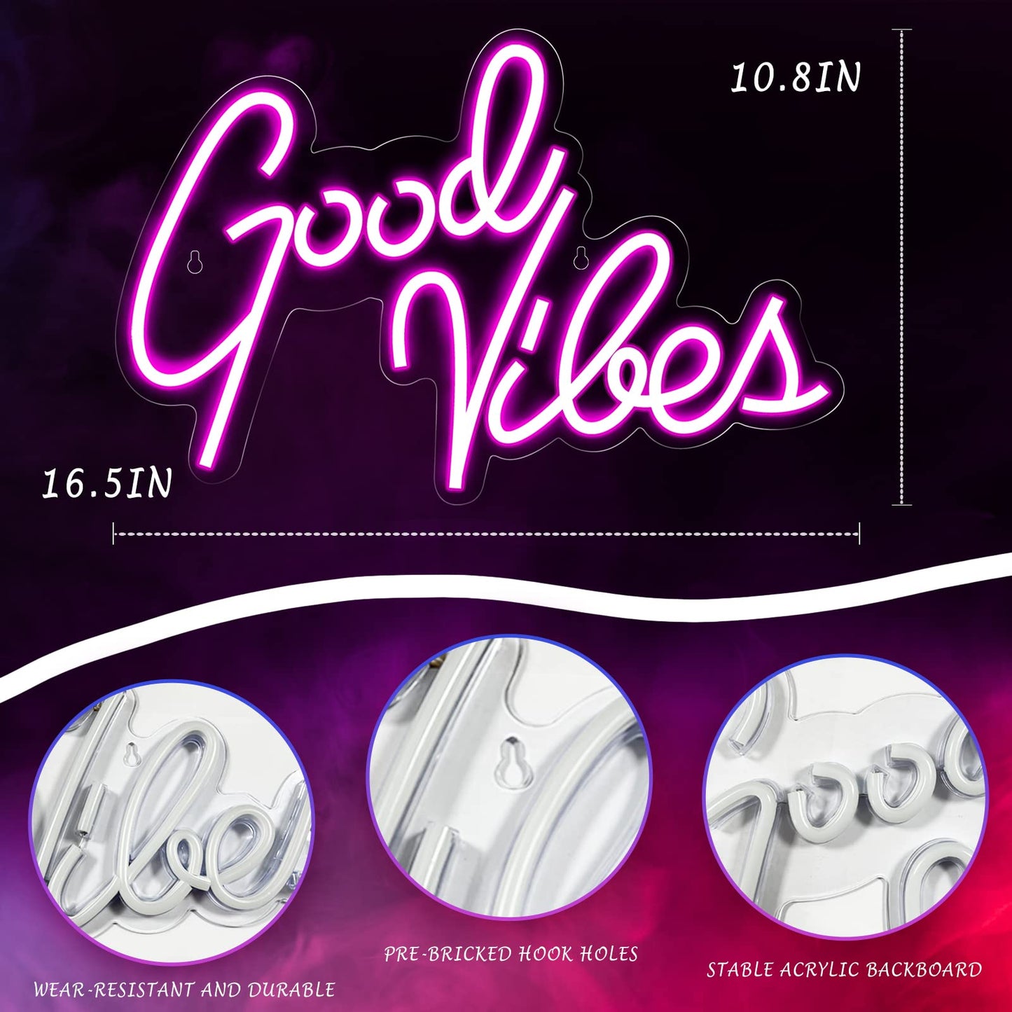 Ethereal Lomoer Good Vibes Neon Sign, Neon Signs for Wall Decor, Pink Neon Lights for Bedroom, led neon signs for Room & Party Decor, USB Powered Neon Lights Signs for Lover, Friends