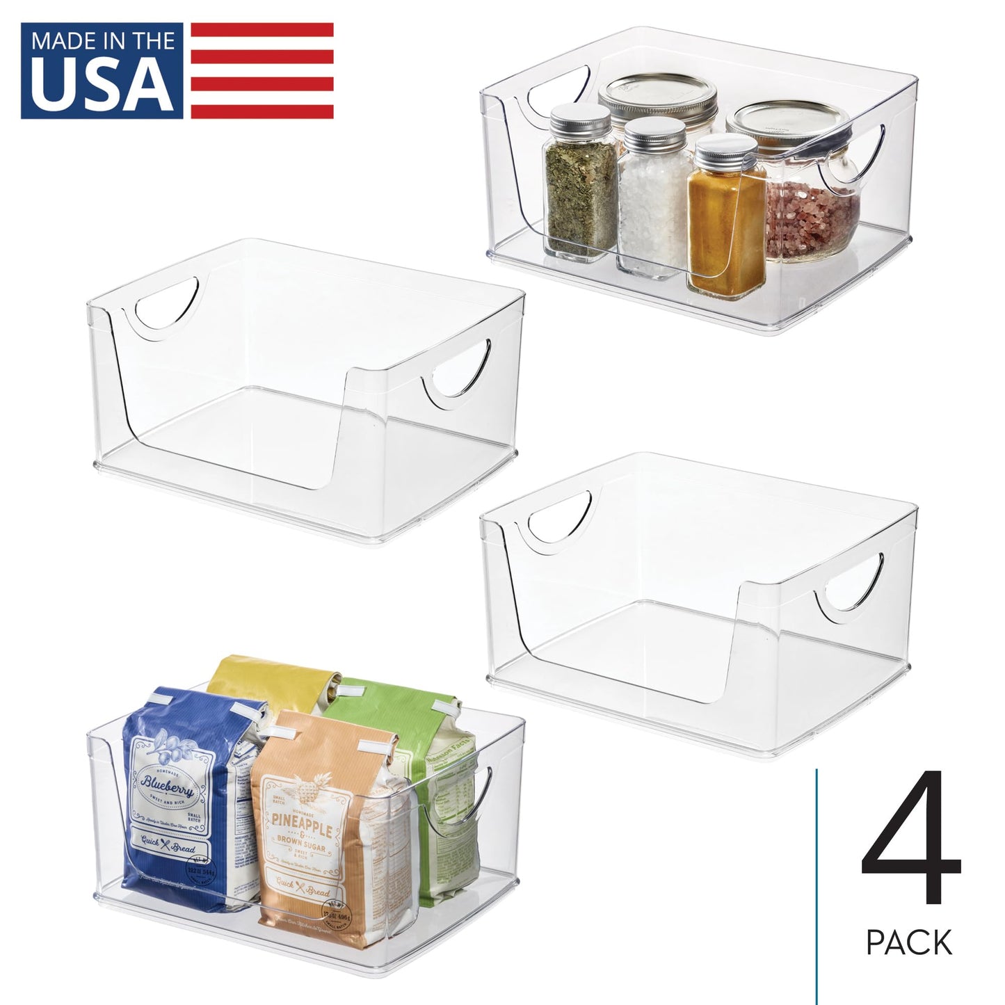 iDesign Stackable Open-Front Storage Bins with Handles for Kitchen and Pantry - Set of 4 - Clear