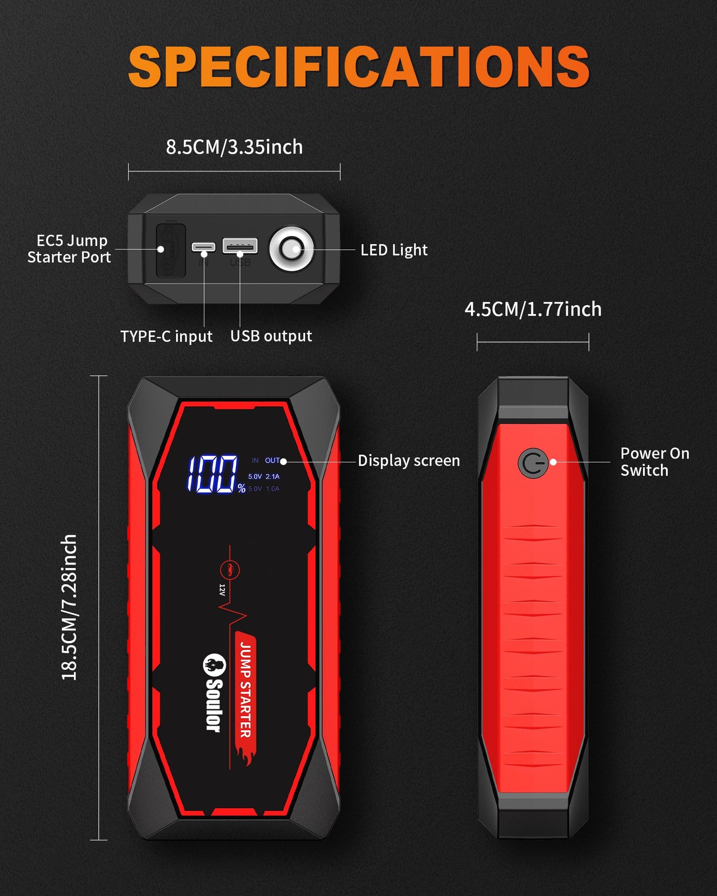 Car Battery Booster Jump Starter,5000A Portable Jump Starter for Up to 8L Gas & 6L Diesel Engines,12V Car Battery Charger Booster Pack with Jumper Cables LED Light