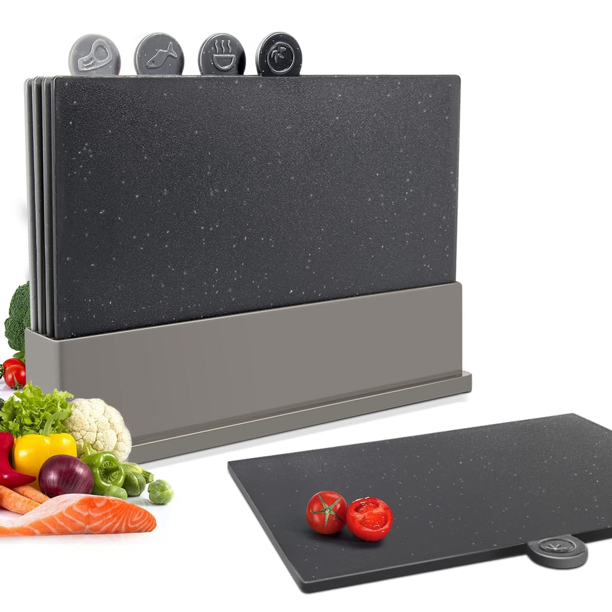 Almcmy Index Chopping Board Set, 4-Pieces Plastic Cutting Boards with Food Icons and Storage Stand, BPA Free, Dishwasher Safe, Professional Chopping Board Set for Kitchen