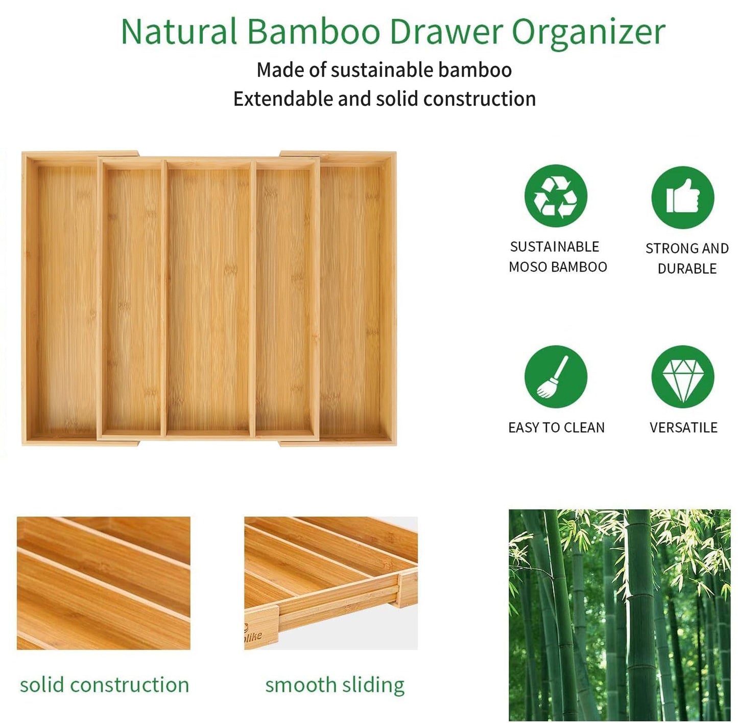 Utoplike Bamboo Expandable Kitchen Drawer Organizer, Adjustable Utensil Holder and Cutlery Tray, Drawer Divider For Silverware, Flatware, Knives In Kitchen, Bedroom, Living Room