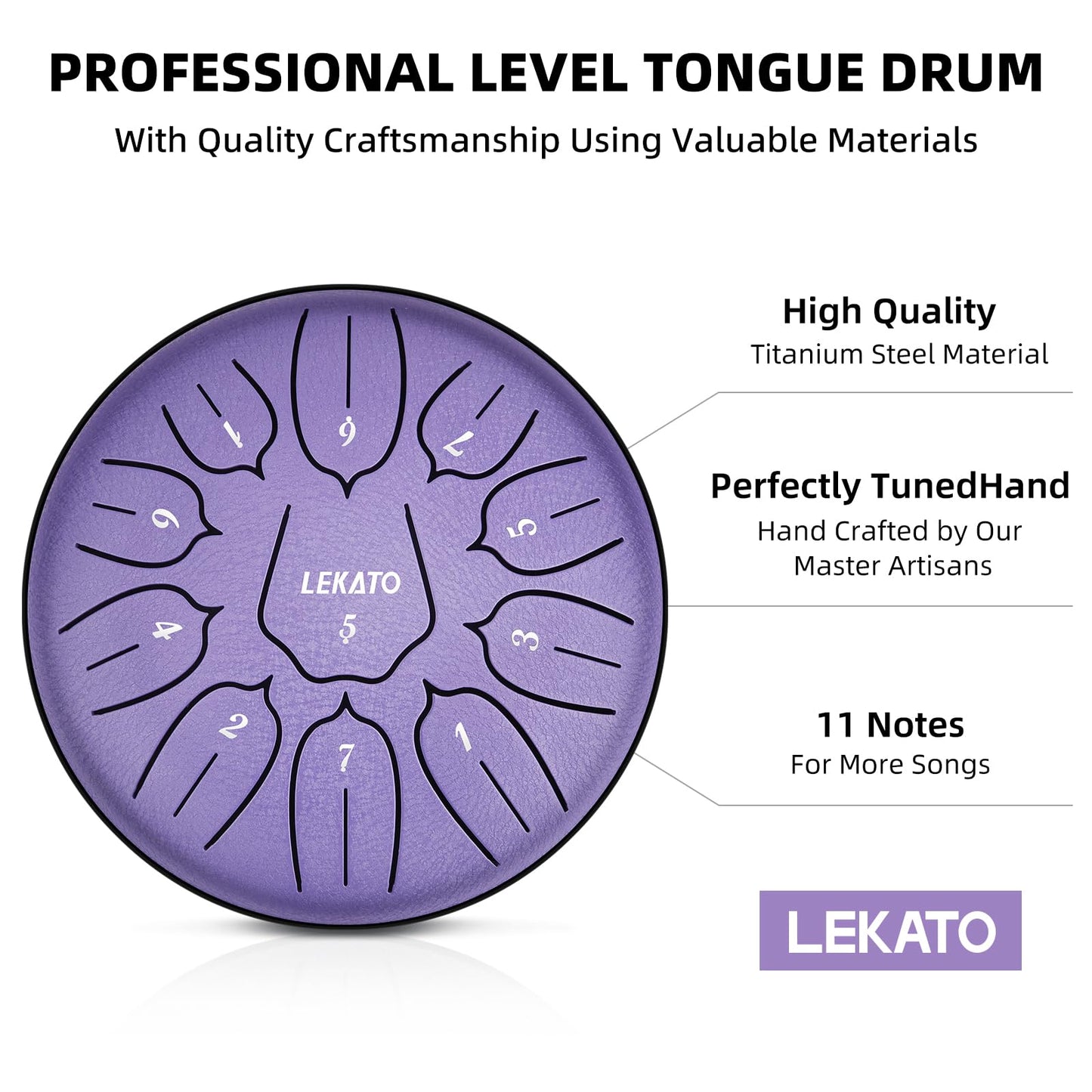 LEKATO 6 Inch 11 Notes Steel Tongue Drum with Sturdy Nylon Bag, Beginner Music GIft for Families/Friends, D Major, Purple