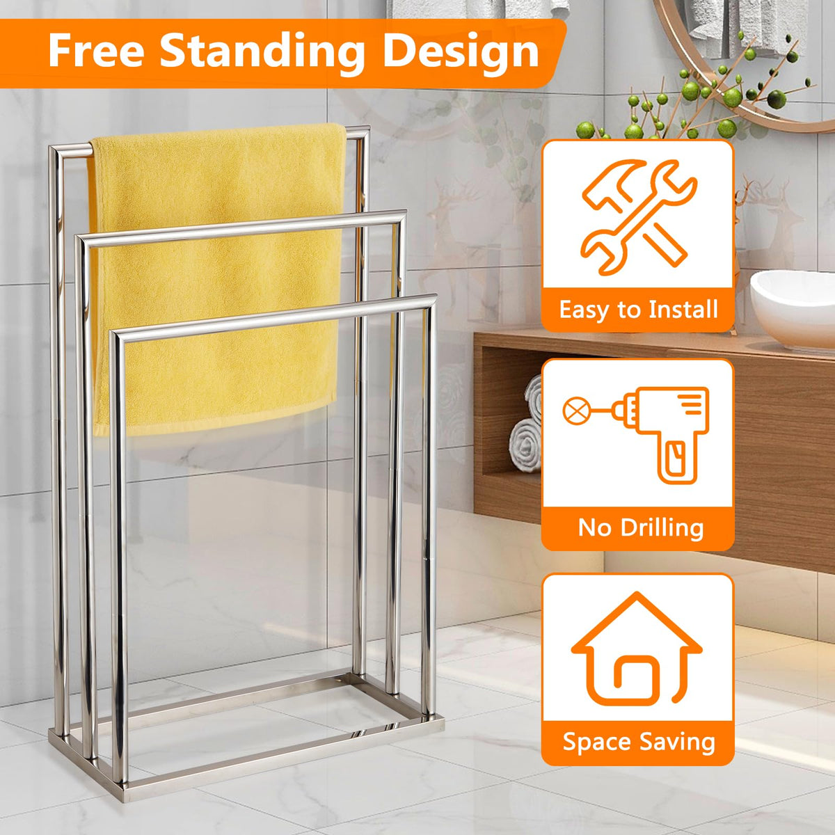 Freestanding Towel Rack, 3 Tier Stainless Steel Towel Bar Stand for Bathroom, Chrome Plated DECLUTTR