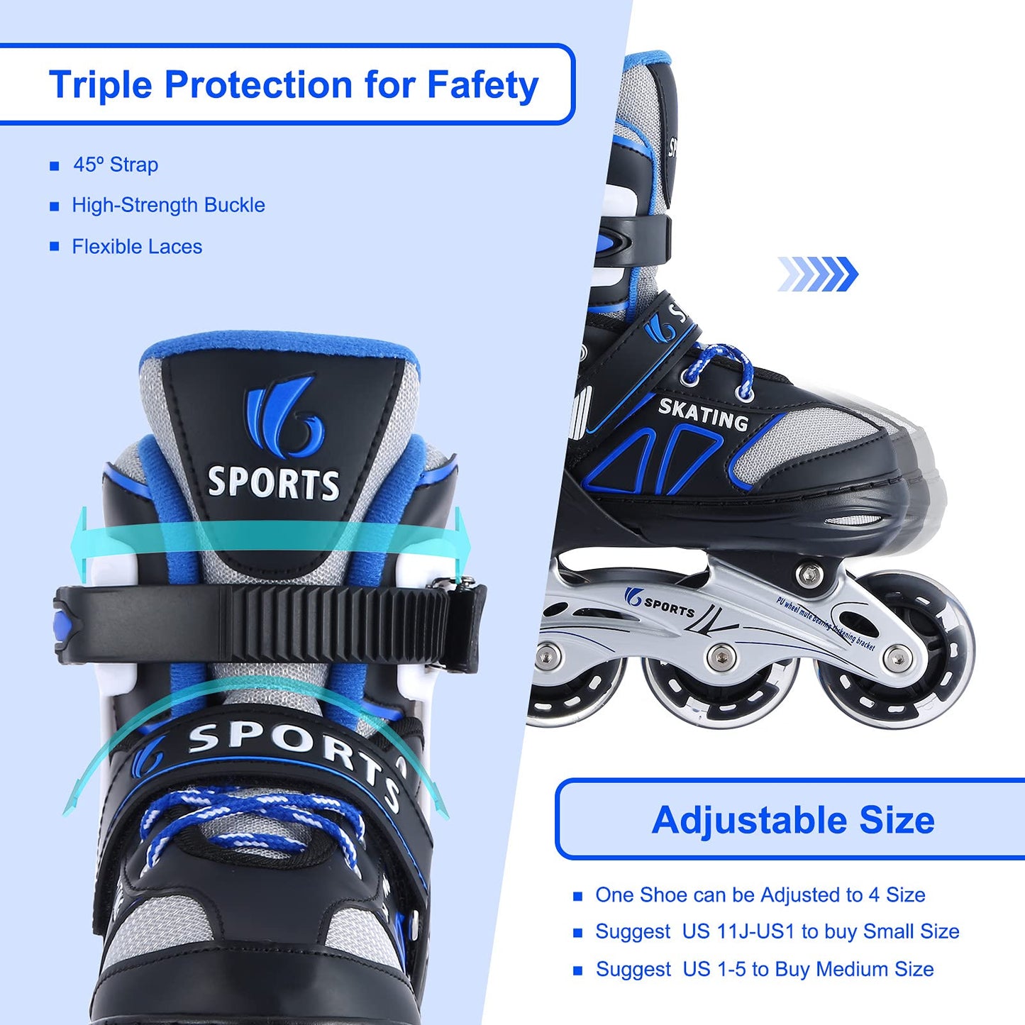 Inline Skates for Kids Girls Boys Beginners, 4 Size Adjustable Size with Light Up Wheels for Children. (Blue, Small(12J-2))