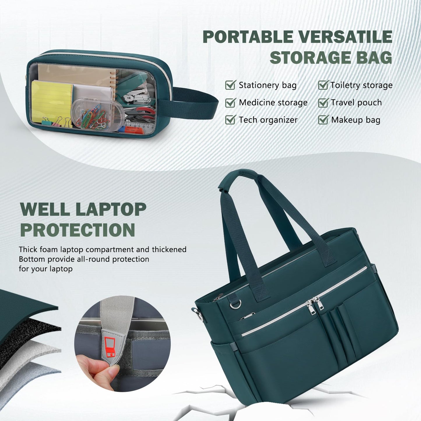 Teacher Tote Bag for Women 15.6 Inch Laptop Briefcase with Clutch Bag, Nurse Bags Professional Work Handbag for Office College Nursing, Large Utility Tote Messenger Shoulder Bag, Dark Green
