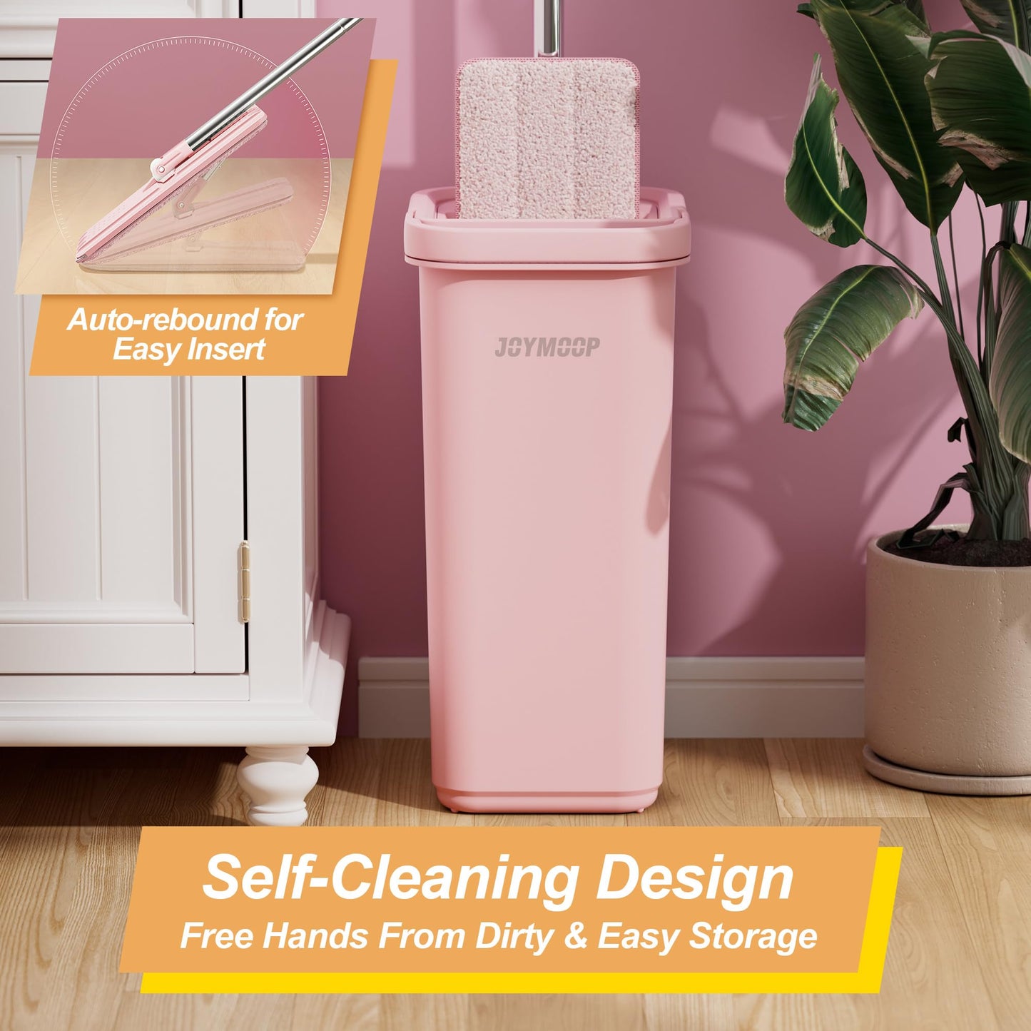 JOYMOOP Mop and Bucket with Wringer Set, Hands Free Flat Floor Mop and Bucket, 60" Mop with 5 Reusable Microfiber Pads, Wet and Dry Use, Floor Cleaning System - Pink