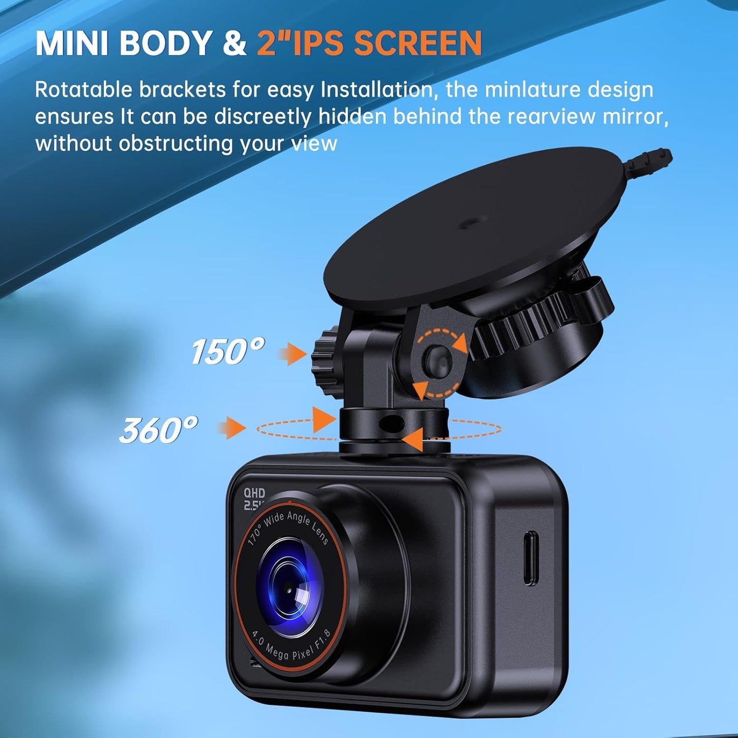 Dash Cam Front and Rear Camera, 2.5K+1080P QHD Dual Channel Dashcam for Cars, Mini Car Camera, 2 inch IPS Screen, 32GB Card Included, WDR Night Vision, 24 Hours Parking Monitor, G-Sensor