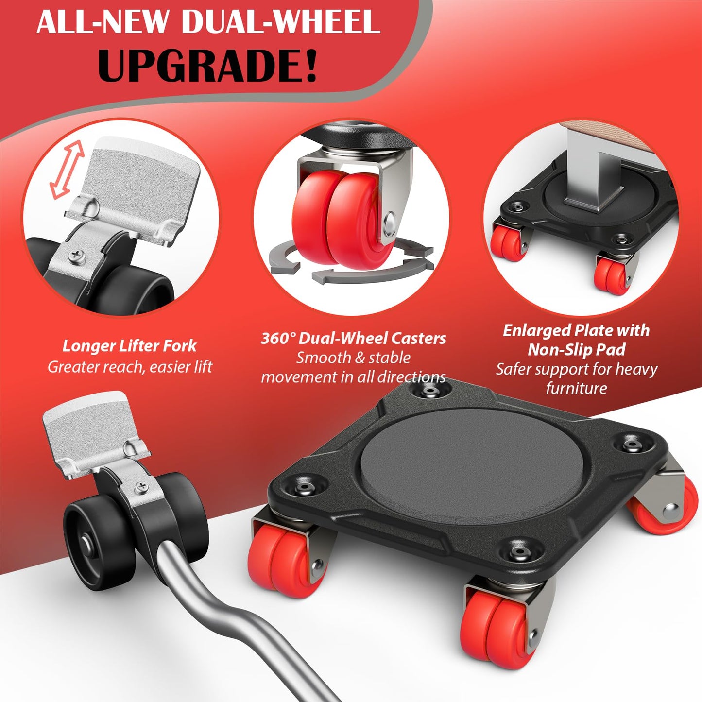 EZ 2MOVE Heavy Duty Furniture Movers with 8 Wheels, Dual-Wheel Caster Square Dollies with Furniture Lifter and Base, 360° Swivel Casters, Non-Slip Pads, Up to 3500 lbs Load Capacity