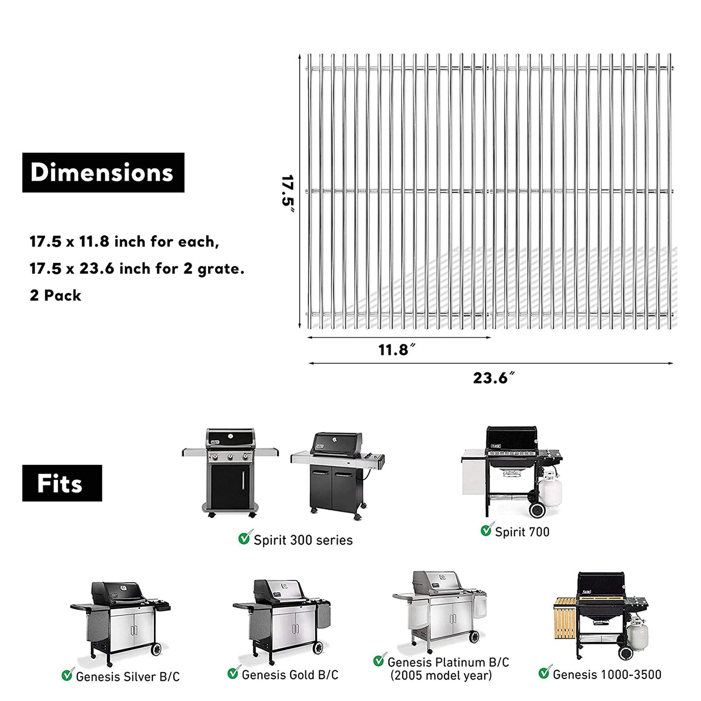 GFTIME 17.5 Inch BBQ Cooking Grates for Weber Spirit 300 Series(2013-2017 with Front Burner Knobs), Spirit E-310 & 320, Genesis Silver B&C, Stainless Steel Grill Grid Grates Replacement for 7639