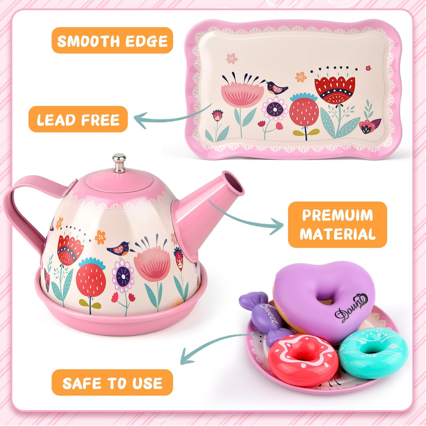 Flower Tea Set for Little Girls, Birthday Gift for Age 3 4 5 6 Year Old, Toddler Toys Tea Party Set for Little Girls, Princess Kids Kitchen Pretend Toy with Tin Tea Set, Desserts & Carrying Case