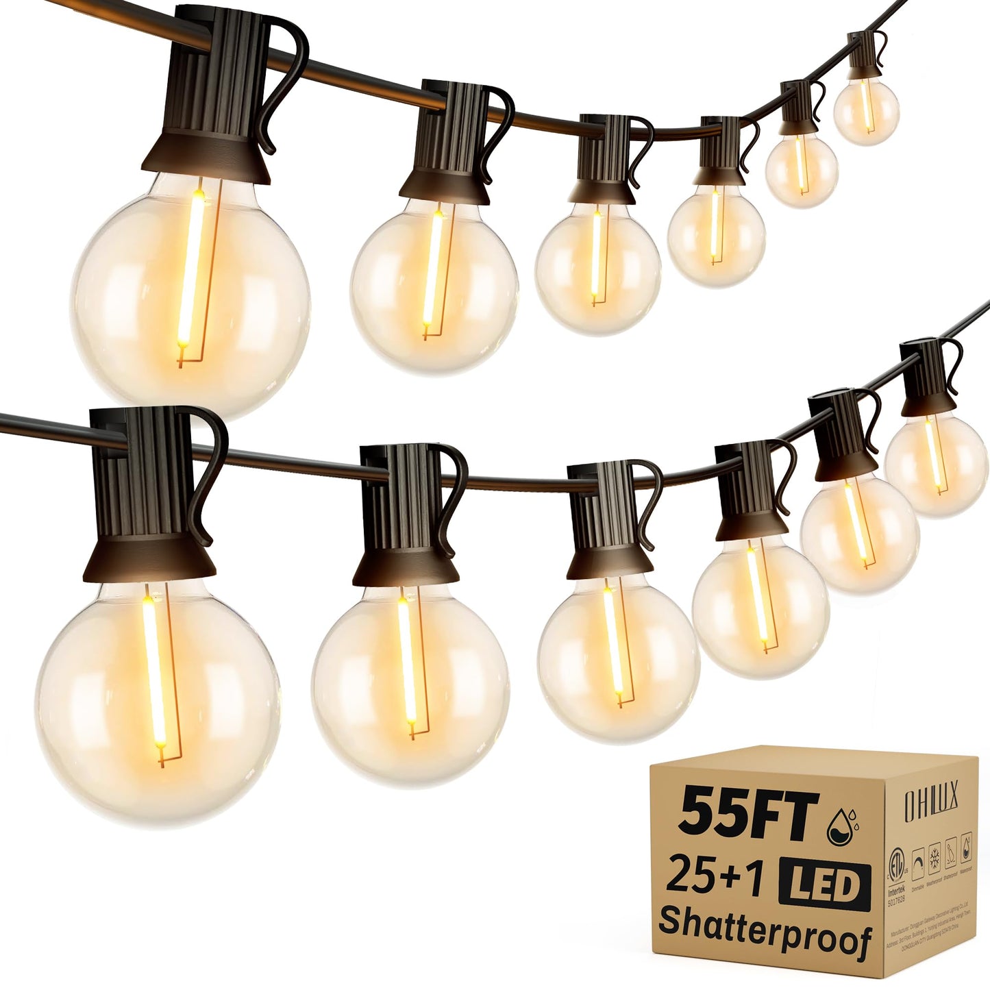 OHLUX Outdoor String Lights, 55FT G40 Globe LED Patio Lights with 26 Edison Dimmable LED Bulbs, 2200K Waterproof Connectable Hanging for Backyard Porch Cafe Party Decor, E12 Socket Base