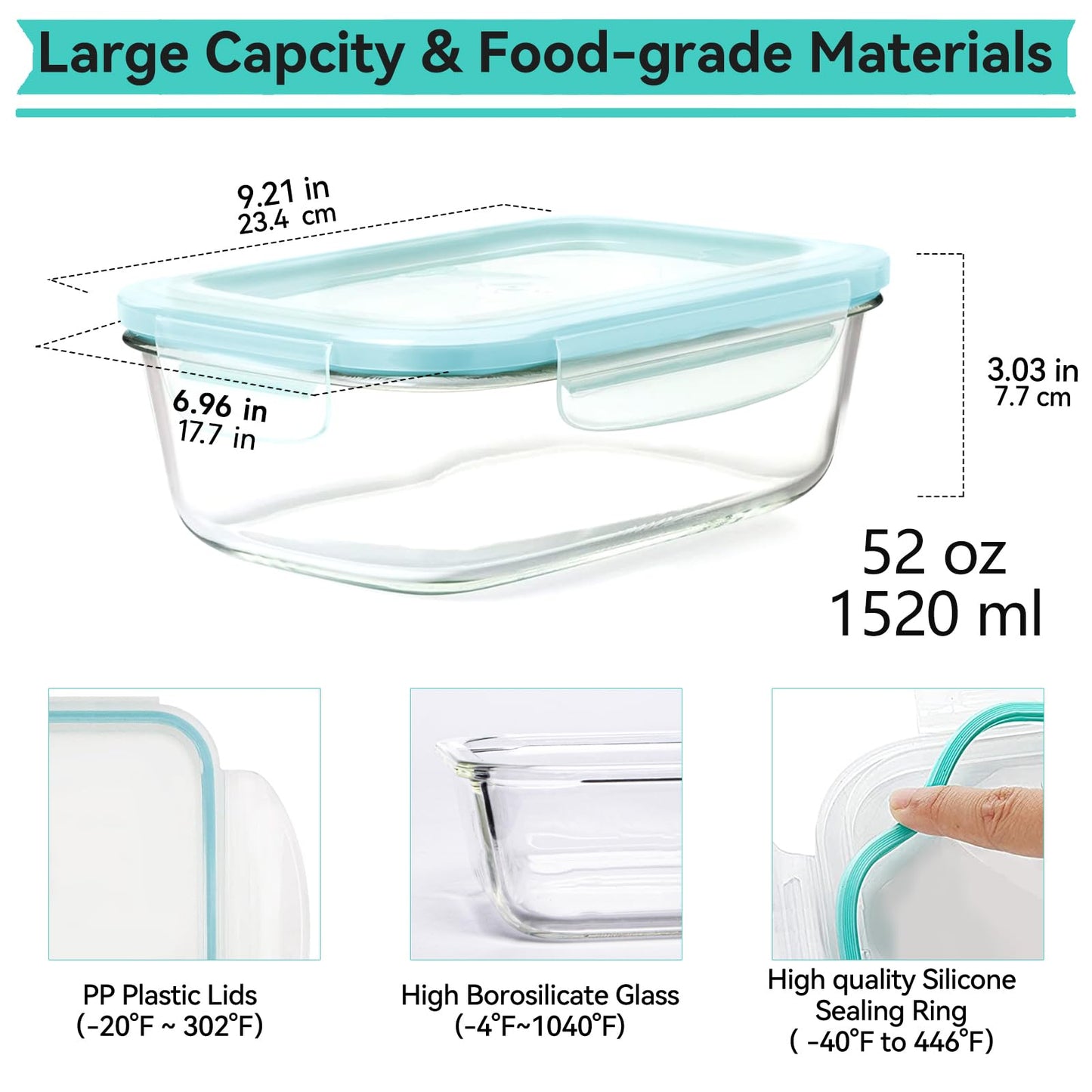 Luvan 2 Pack 1520Ml Large Glass Container Food Storage, Airtight Meal Prep Containers with Lids Lunch Box Set BPA Free & Leak-Proof for Microwave,Oven,Fridge and Dishwasher Safe