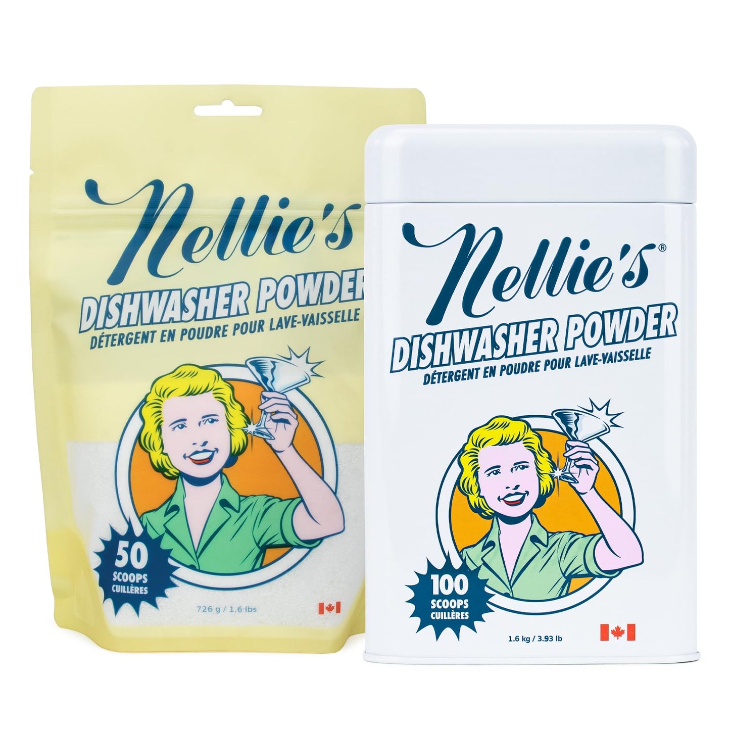 Nellie's Dishwasher Powder Bundle - 50 Scoops (Pouch) & 100 Scoops (Tin) - Powerful Grease-Busting Formula for Spotless, Shiny Dishes Every Time - Made in Canada